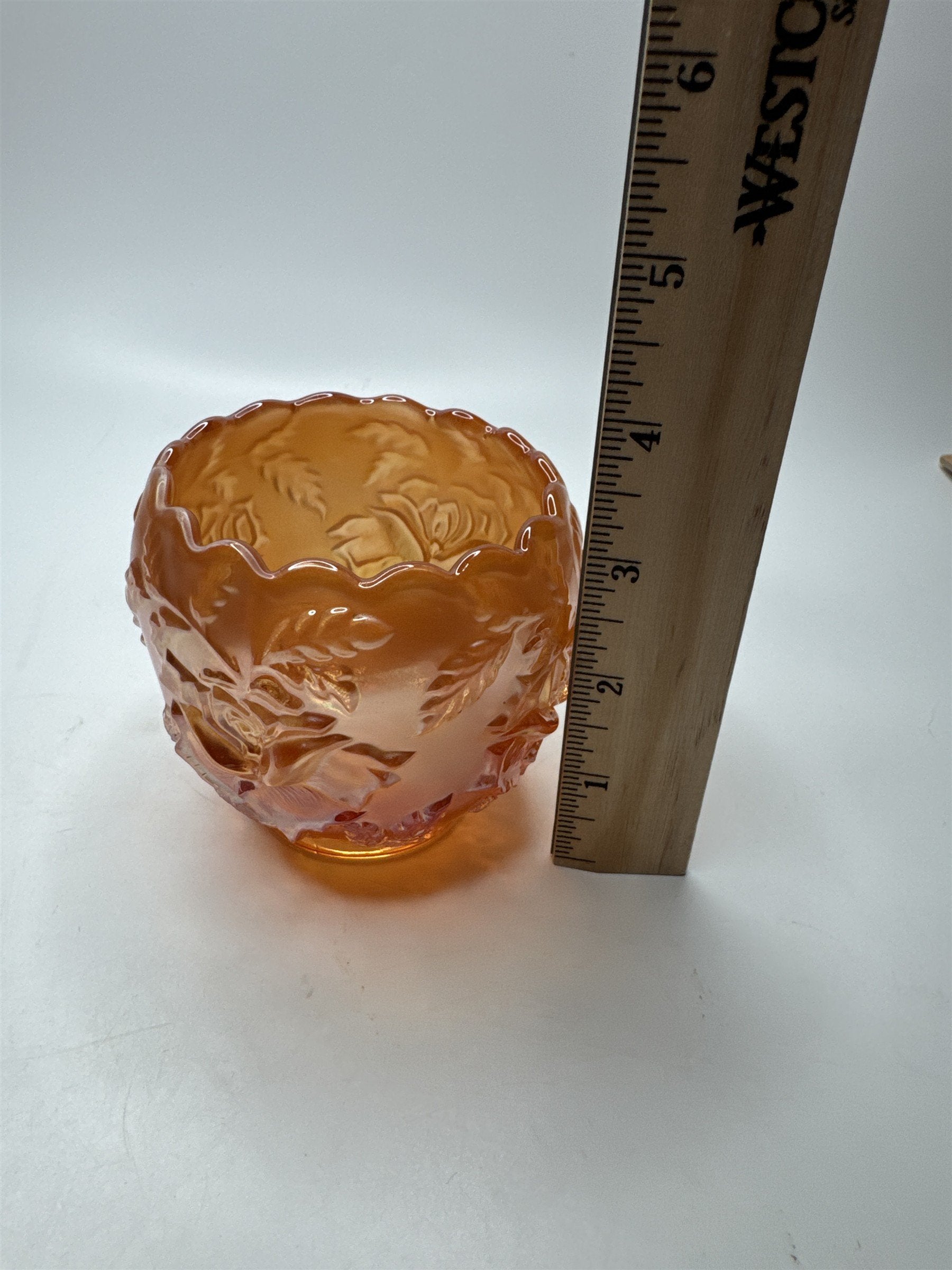 VINTAGE Dugan Wreath of Roses Marigold Carnival Glass Rose Bowl 3.5" Tall