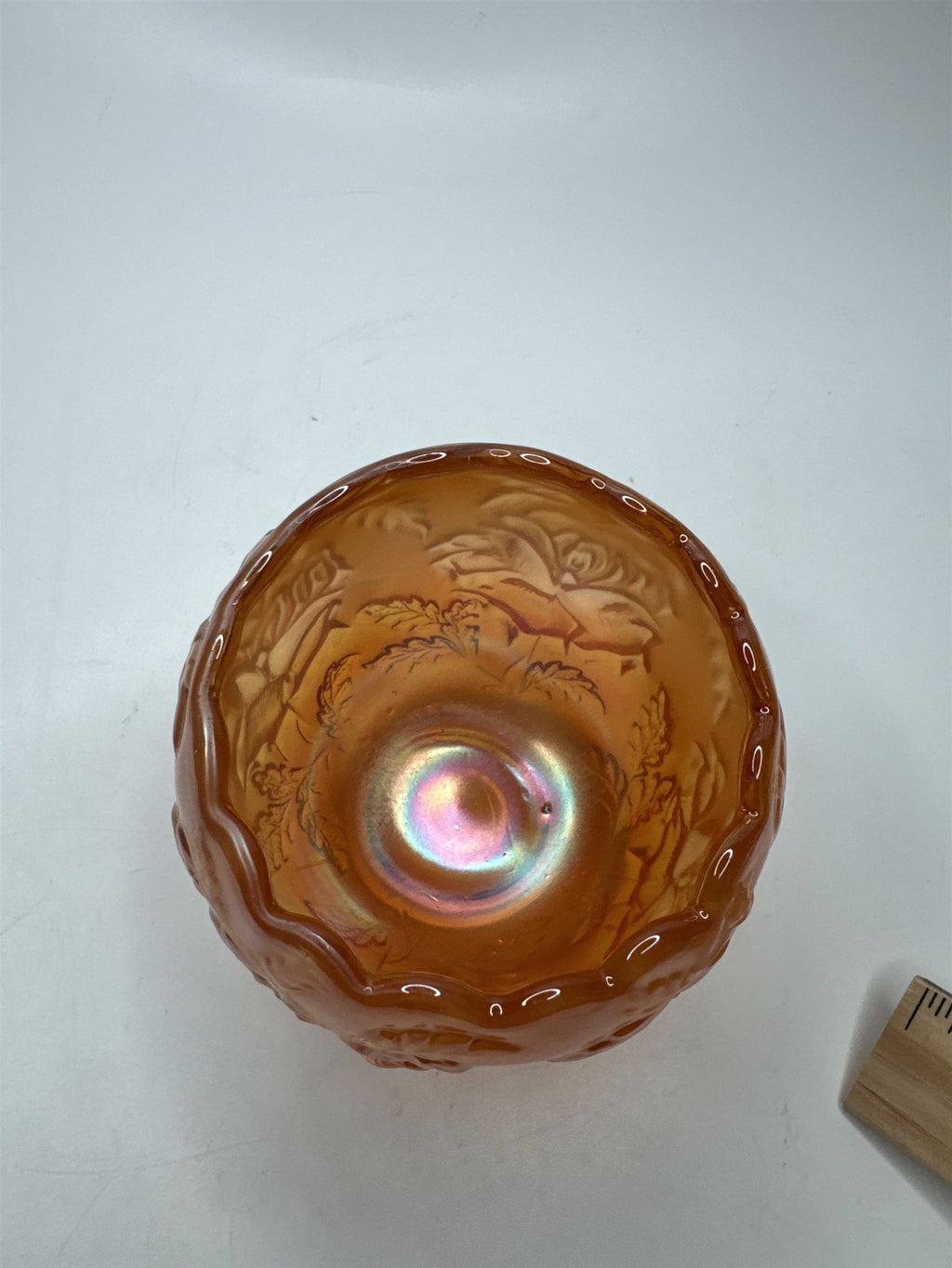 VINTAGE Dugan Wreath of Roses Marigold Carnival Glass Rose Bowl 3.5" Tall