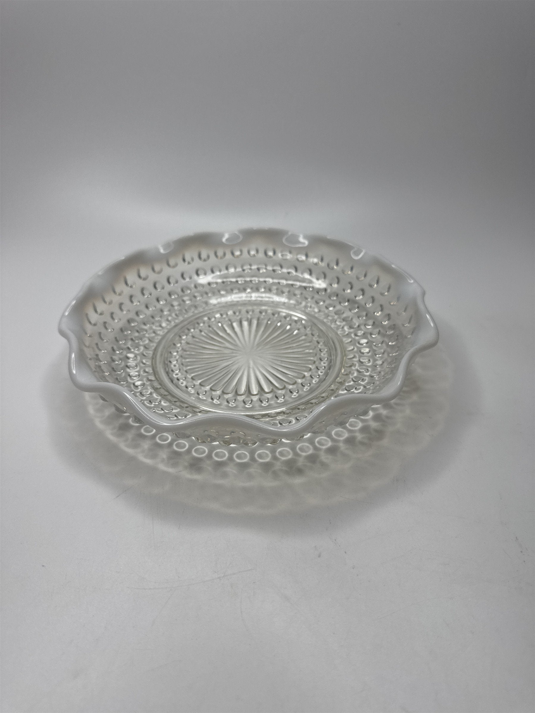 Vintage Fenton Hobnail Opalescent Moonstone Milk Glass 7-3/4" Diameter Ruffled