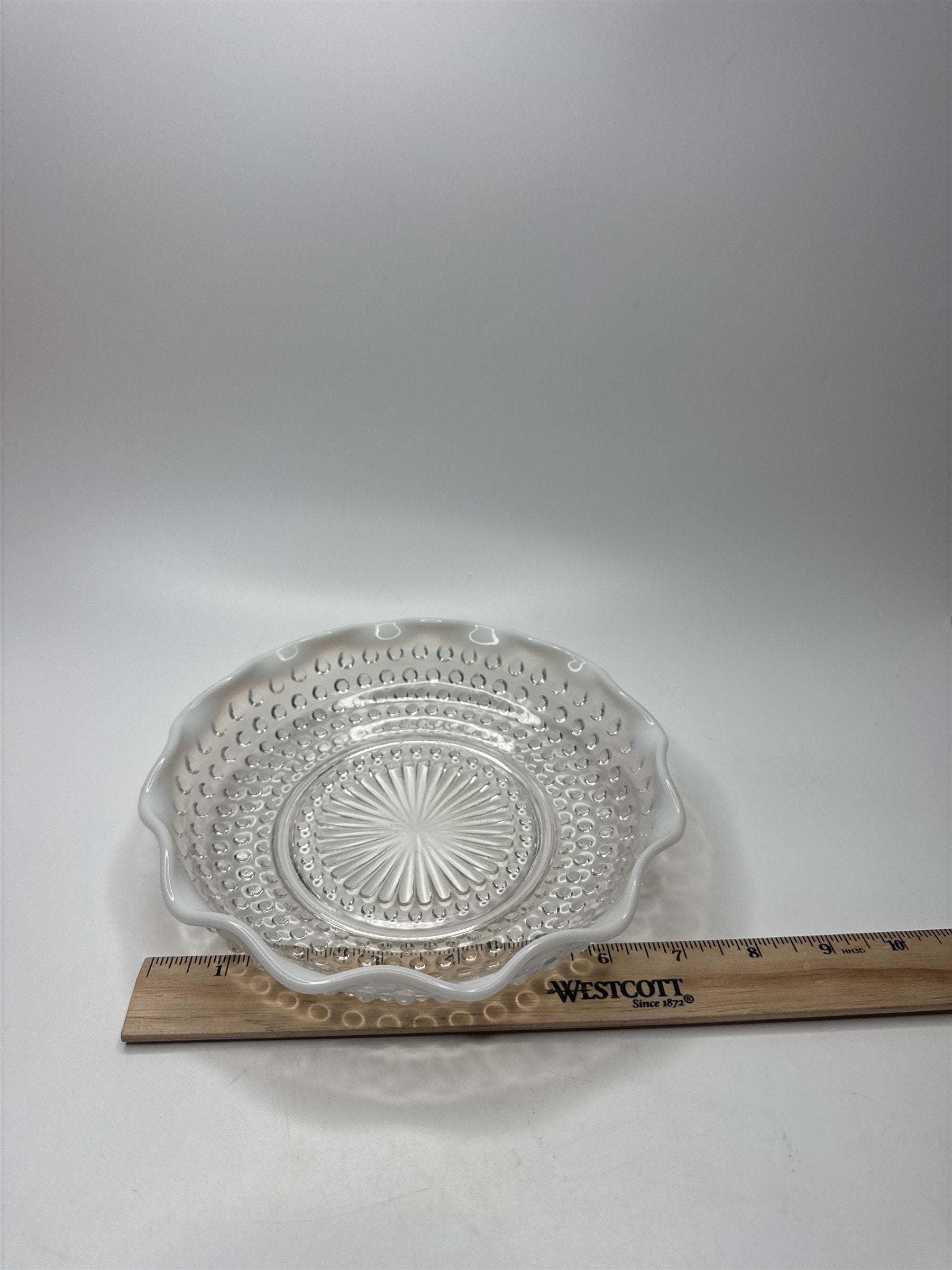 Vintage Fenton Hobnail Opalescent Moonstone Milk Glass 7-3/4" Diameter Ruffled