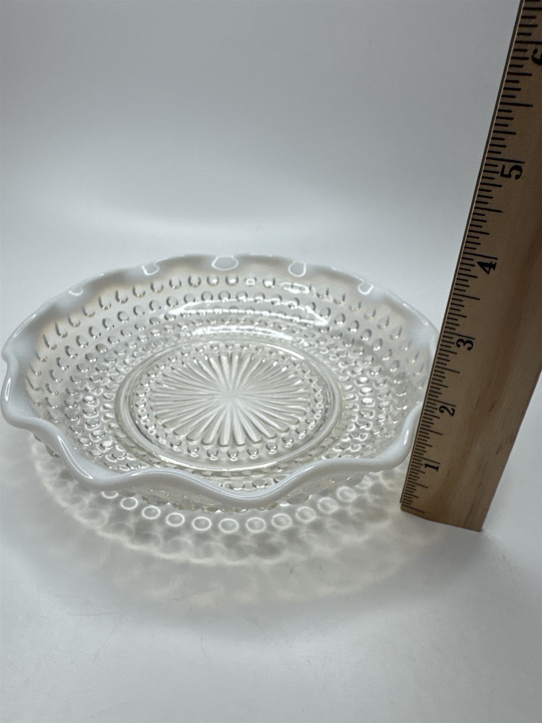 Vintage Fenton Hobnail Opalescent Moonstone Milk Glass 7-3/4" Diameter Ruffled
