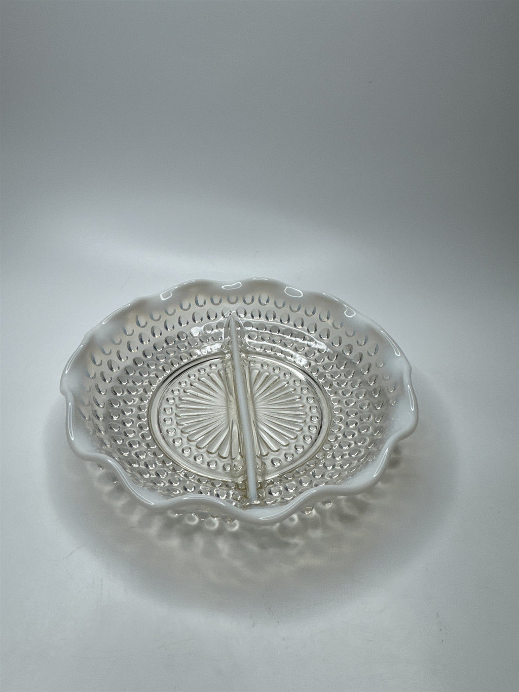 Vintage Fenton Hobnail Opalescent Moonstone Milk Glass 7-1/2" Diameter Ruffled