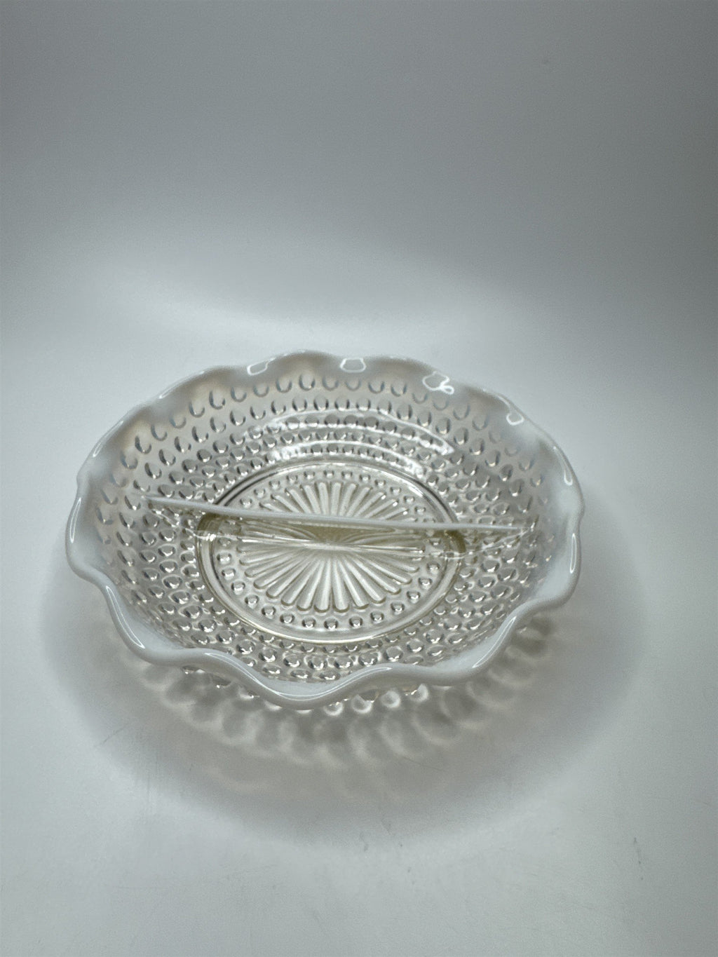 Vintage Fenton Hobnail Opalescent Moonstone Milk Glass 7-1/2" Diameter Ruffled