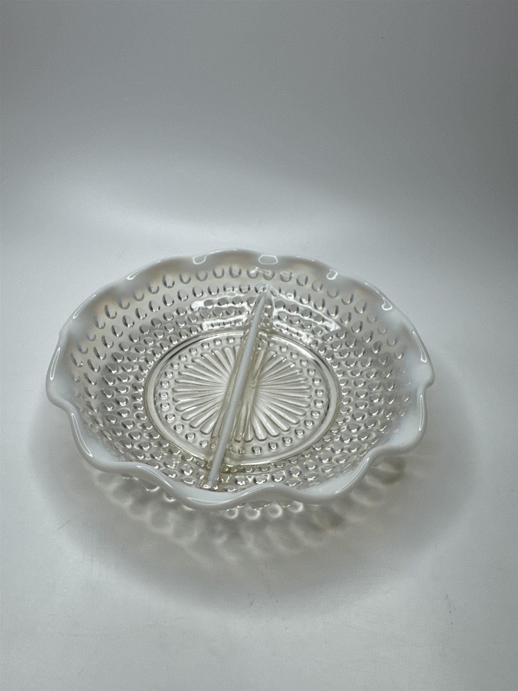 Vintage Fenton Hobnail Opalescent Moonstone Milk Glass 7-1/2" Diameter Ruffled