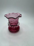 Vintage Cranberry Blown Swirl Glass Miniature Pilgrim Vase/Applied Clear Ring