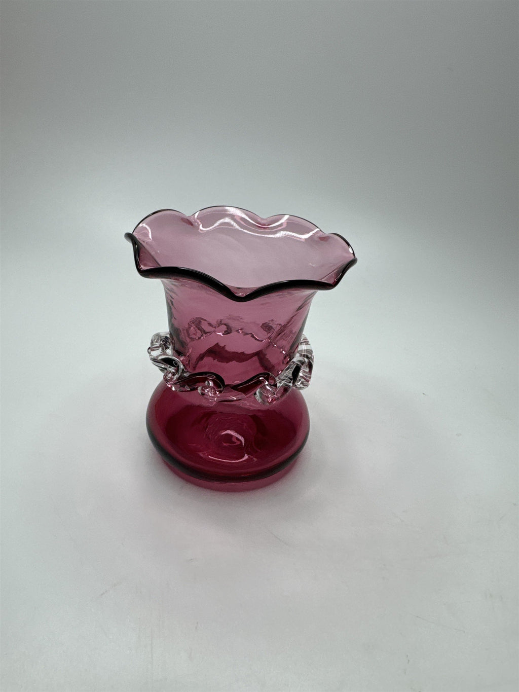 Vintage Cranberry Blown Swirl Glass Miniature Pilgrim Vase/Applied Clear Ring