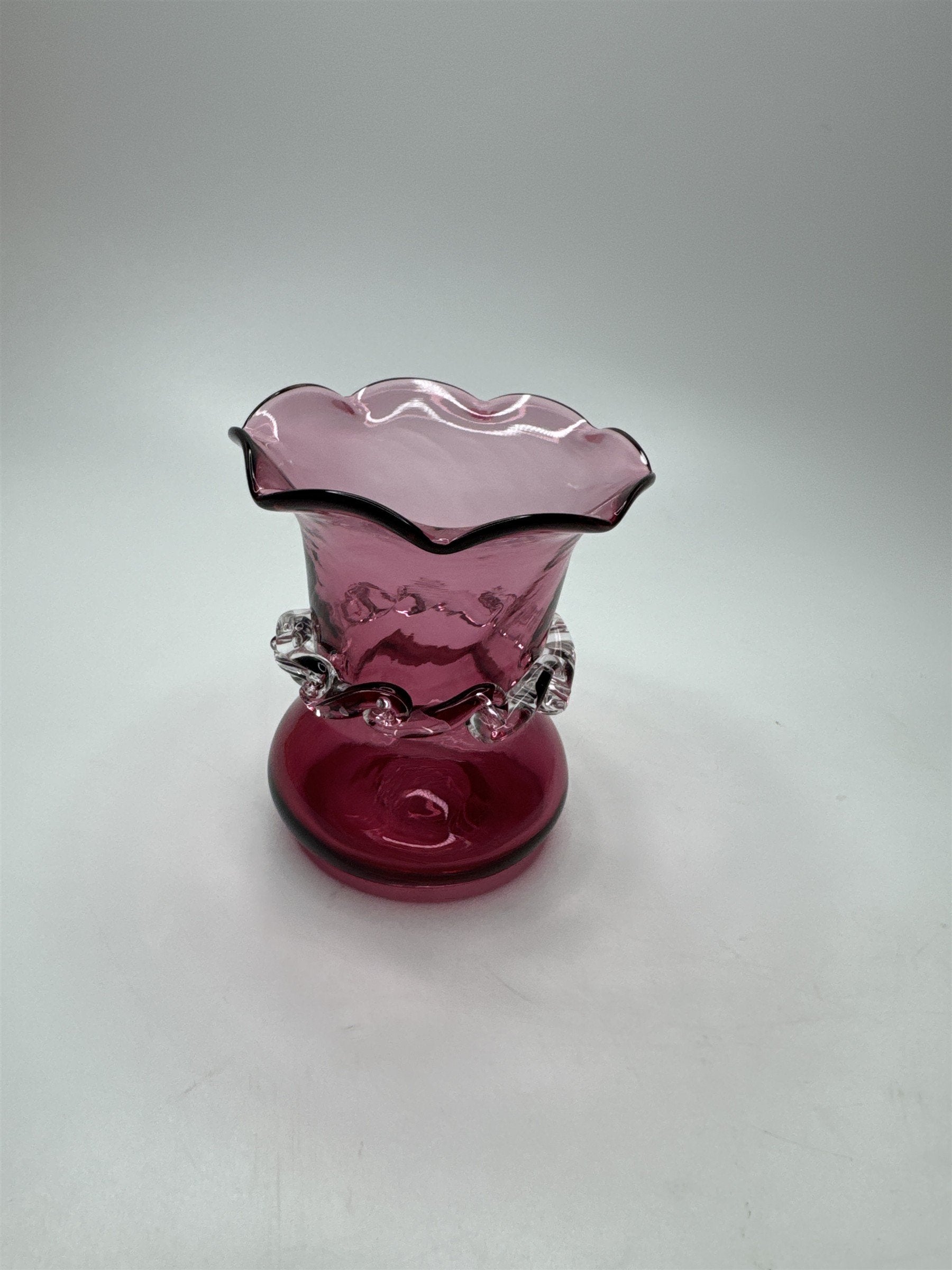 Vintage Cranberry Blown Swirl Glass Miniature Pilgrim Vase/Applied Clear Ring