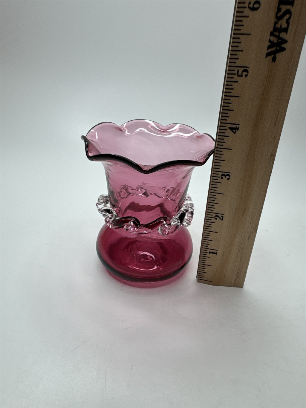 Vintage Cranberry Blown Swirl Glass Miniature Pilgrim Vase/Applied Clear Ring