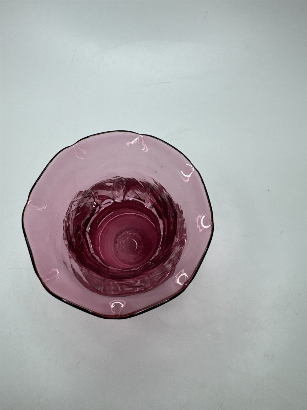 Vintage Cranberry Blown Swirl Glass Miniature Pilgrim Vase/Applied Clear Ring