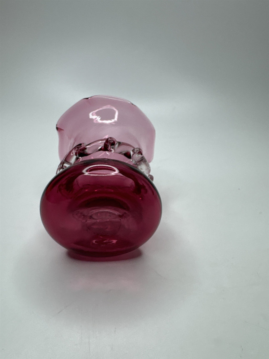 Vintage Cranberry Blown Swirl Glass Miniature Pilgrim Vase/Applied Clear Ring