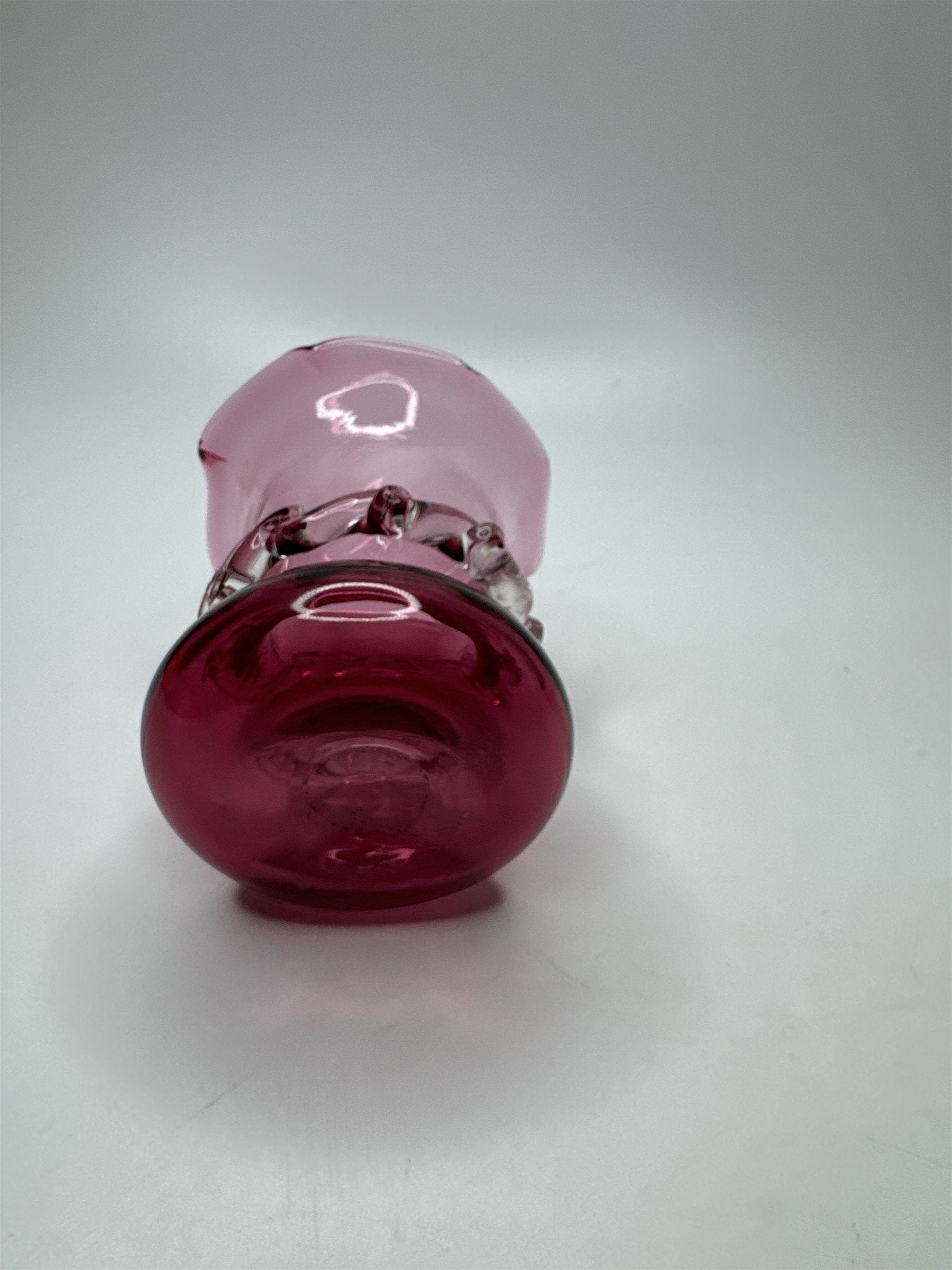 Vintage Cranberry Blown Swirl Glass Miniature Pilgrim Vase/Applied Clear Ring