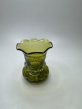 Vintage Olive Green Blown Swirl Glass Miniature Pilgrim Vase/Applied Clear Ring