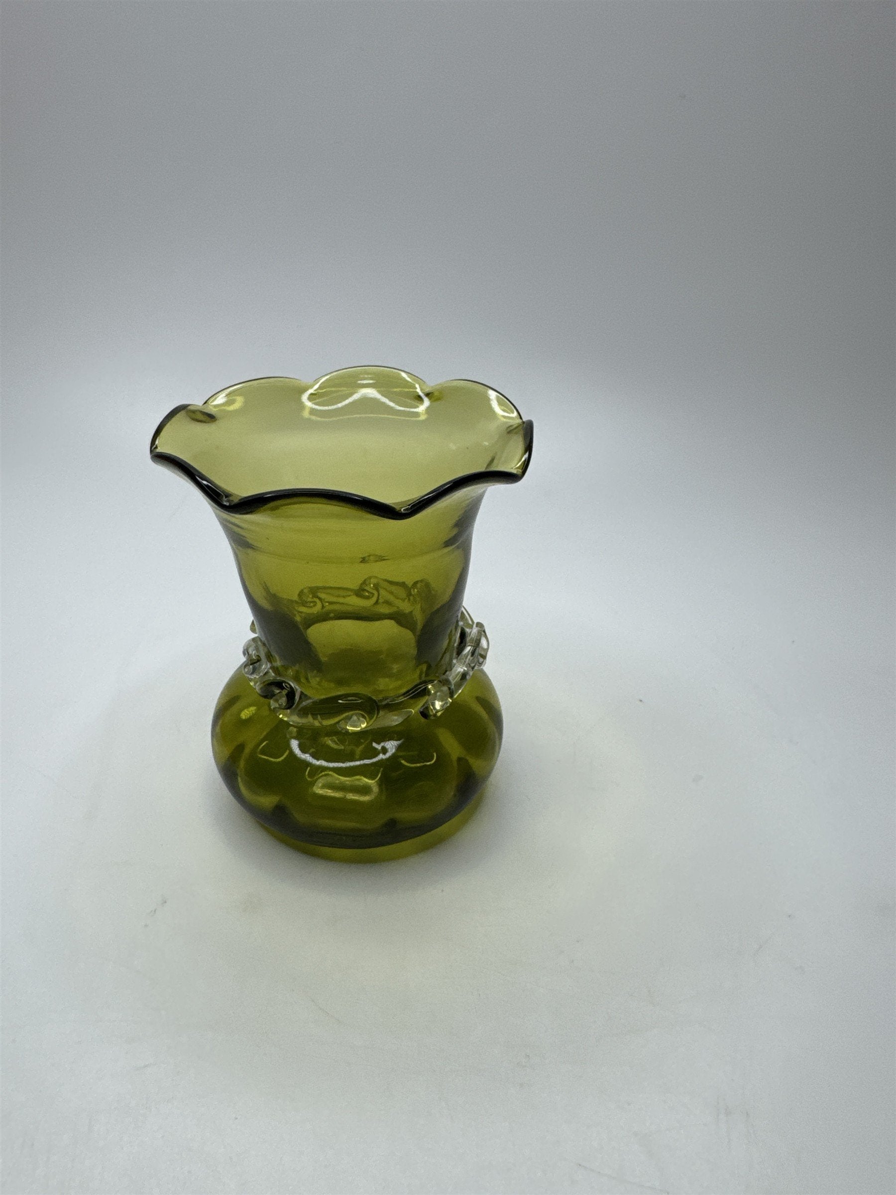 Vintage Olive Green Blown Swirl Glass Miniature Pilgrim Vase/Applied Clear Ring