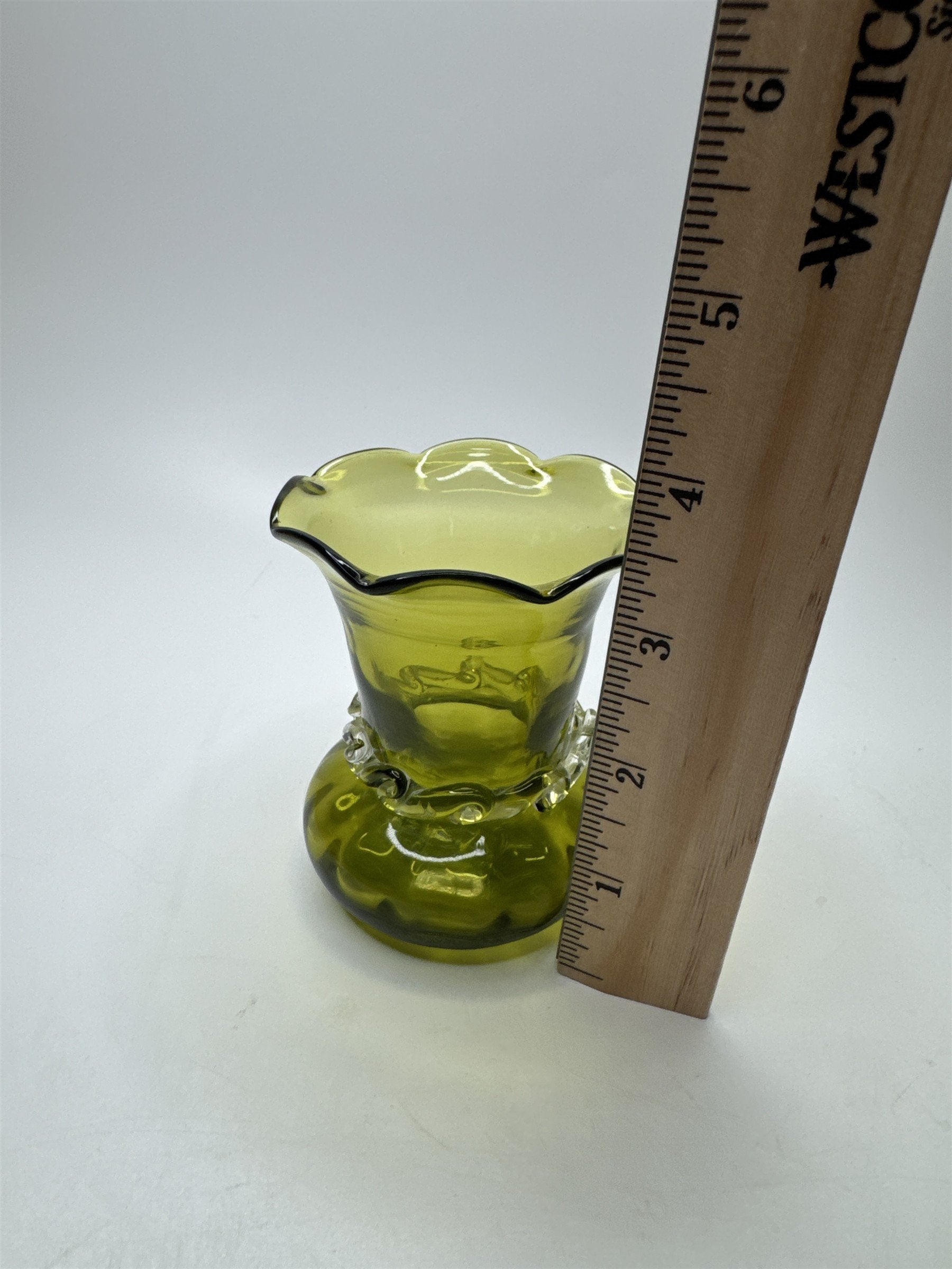 Vintage Olive Green Blown Swirl Glass Miniature Pilgrim Vase/Applied Clear Ring