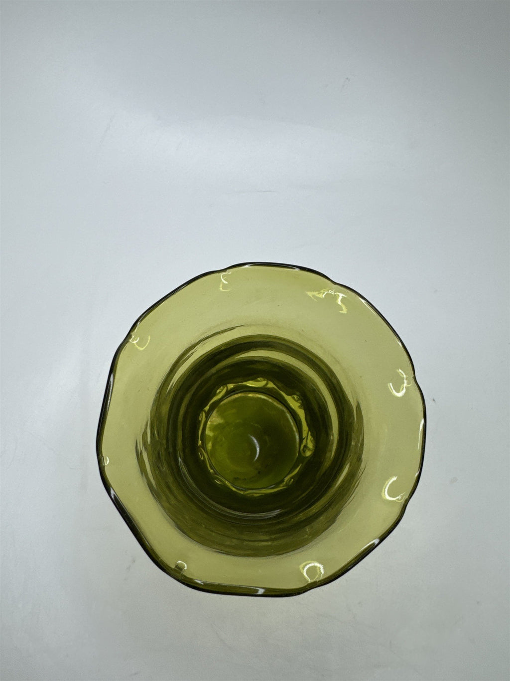 Vintage Olive Green Blown Swirl Glass Miniature Pilgrim Vase/Applied Clear Ring