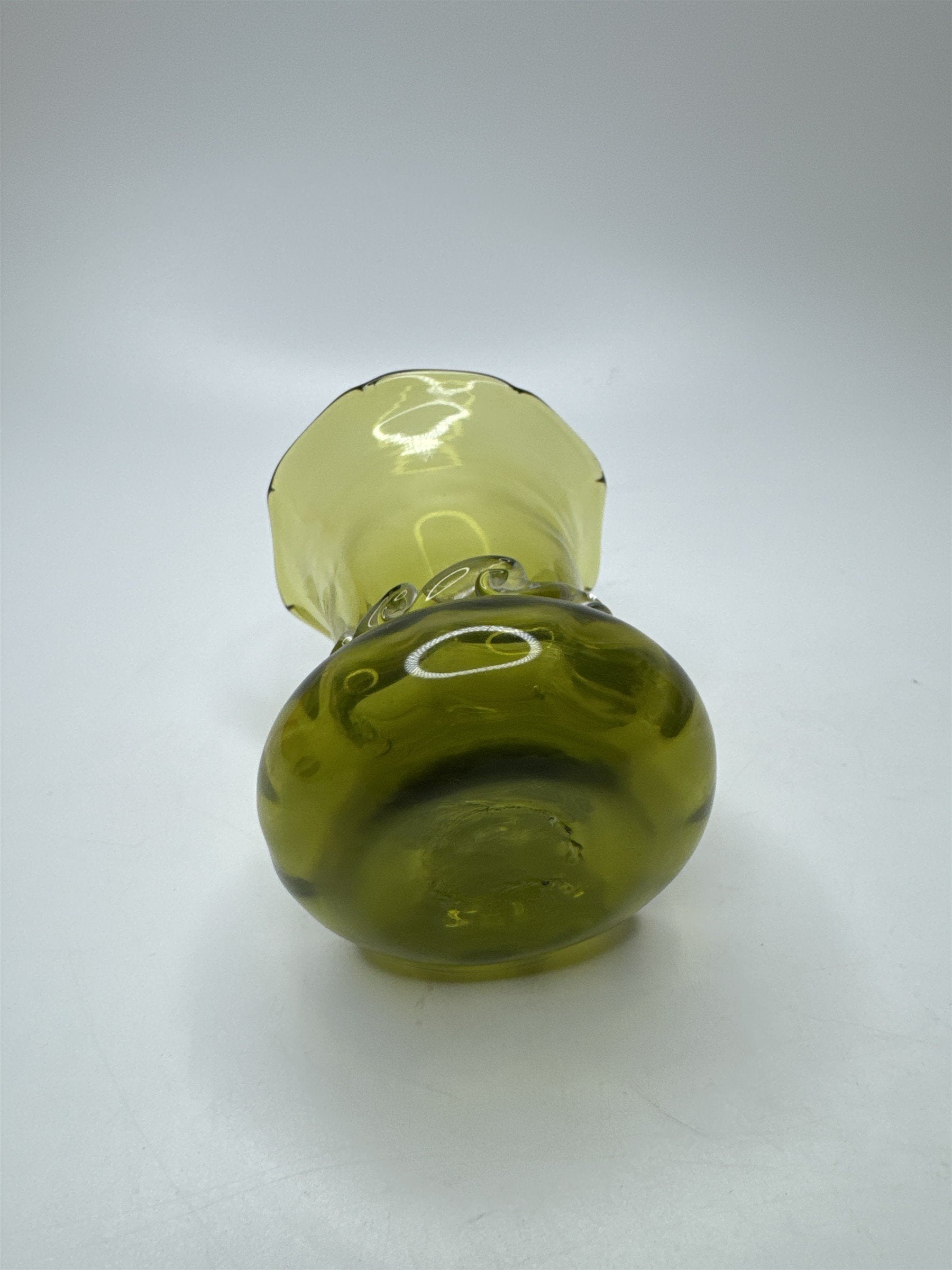 Vintage Olive Green Blown Swirl Glass Miniature Pilgrim Vase/Applied Clear Ring