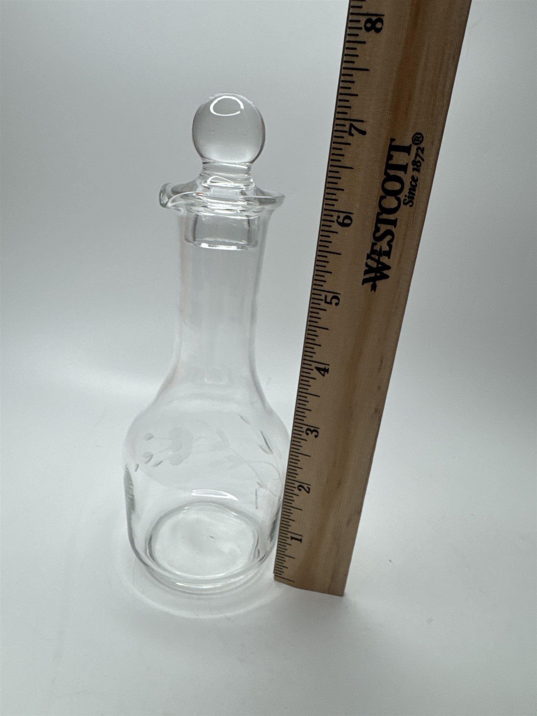 Vintage Clear Glass Decanter /w Floral Etch Pattern 6" Tall