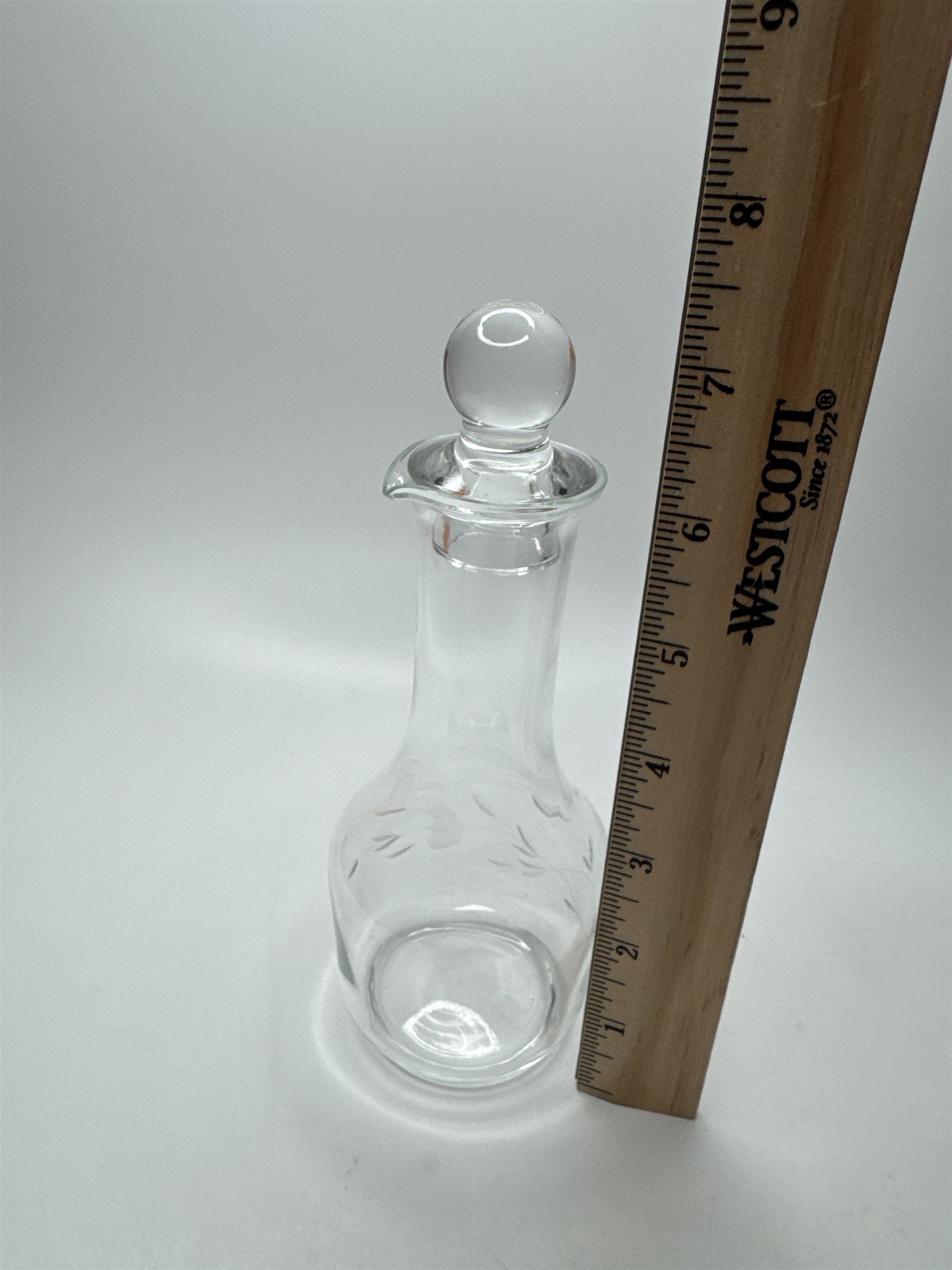 Vintage Clear Glass Decanter /w Floral Etch Pattern 6" Tall