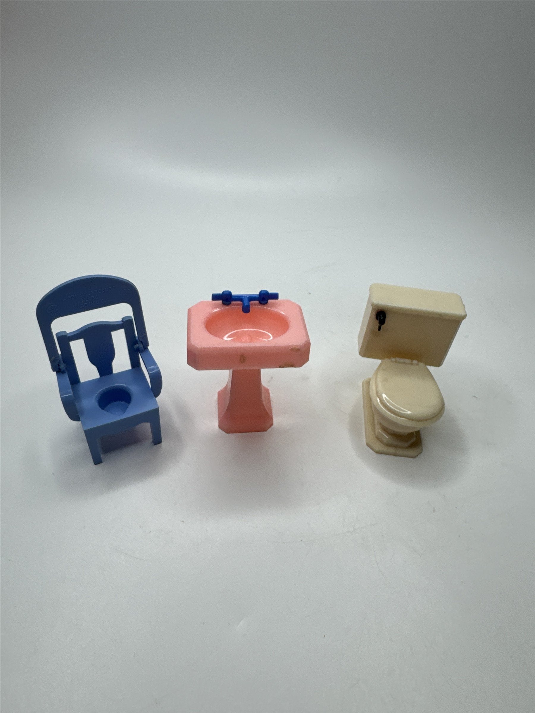 VINTAGE Dollhouse Bathroom Furniture Set - Blue Potty Desk Pink Sink White Toile