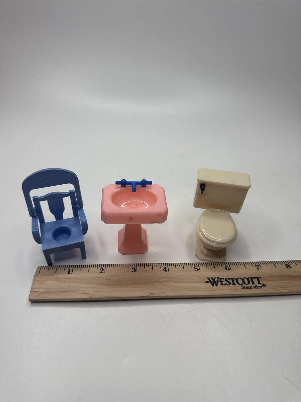 VINTAGE Dollhouse Bathroom Furniture Set - Blue Potty Desk Pink Sink White Toile
