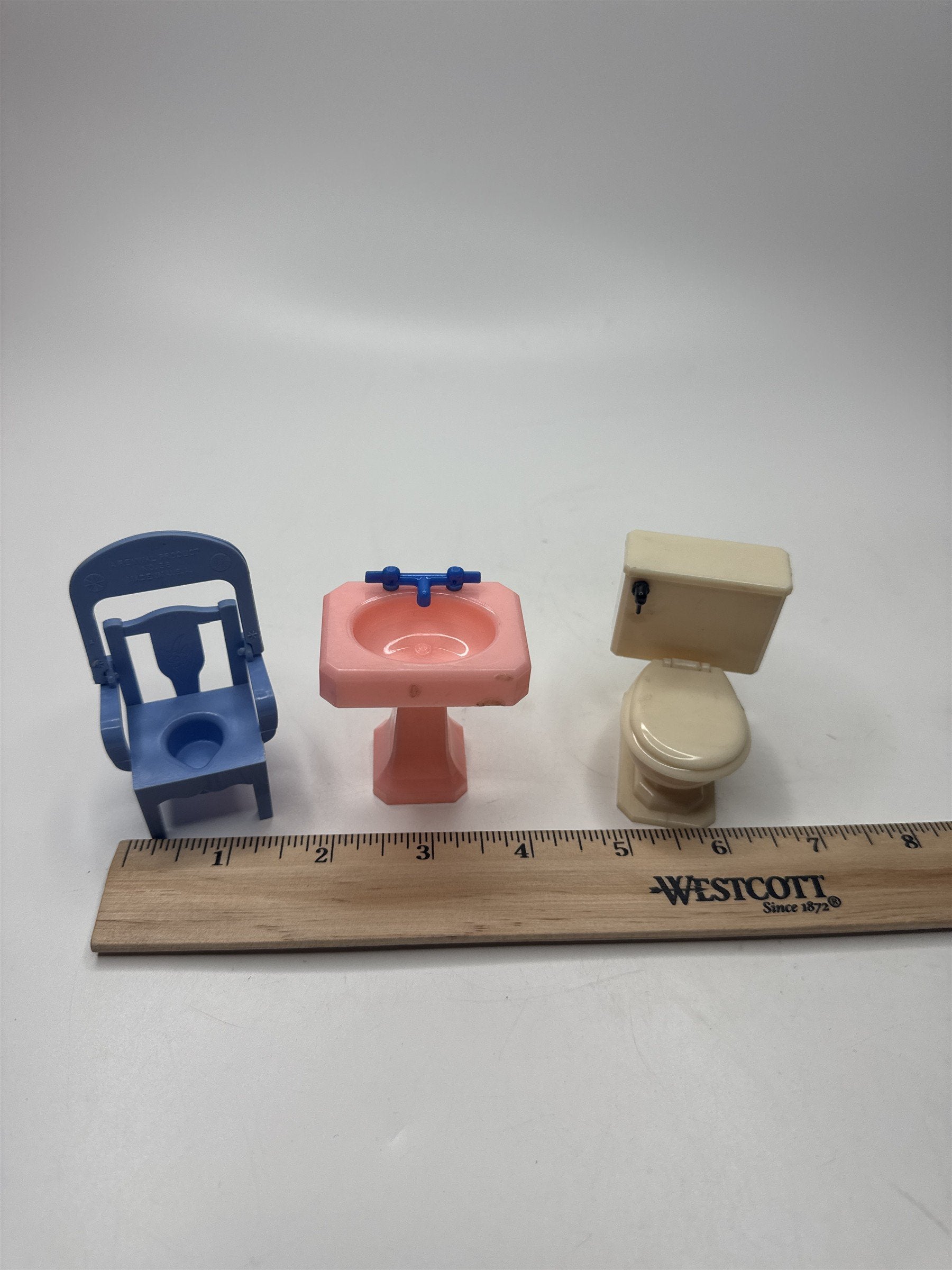 VINTAGE Dollhouse Bathroom Furniture Set - Blue Potty Desk Pink Sink White Toile