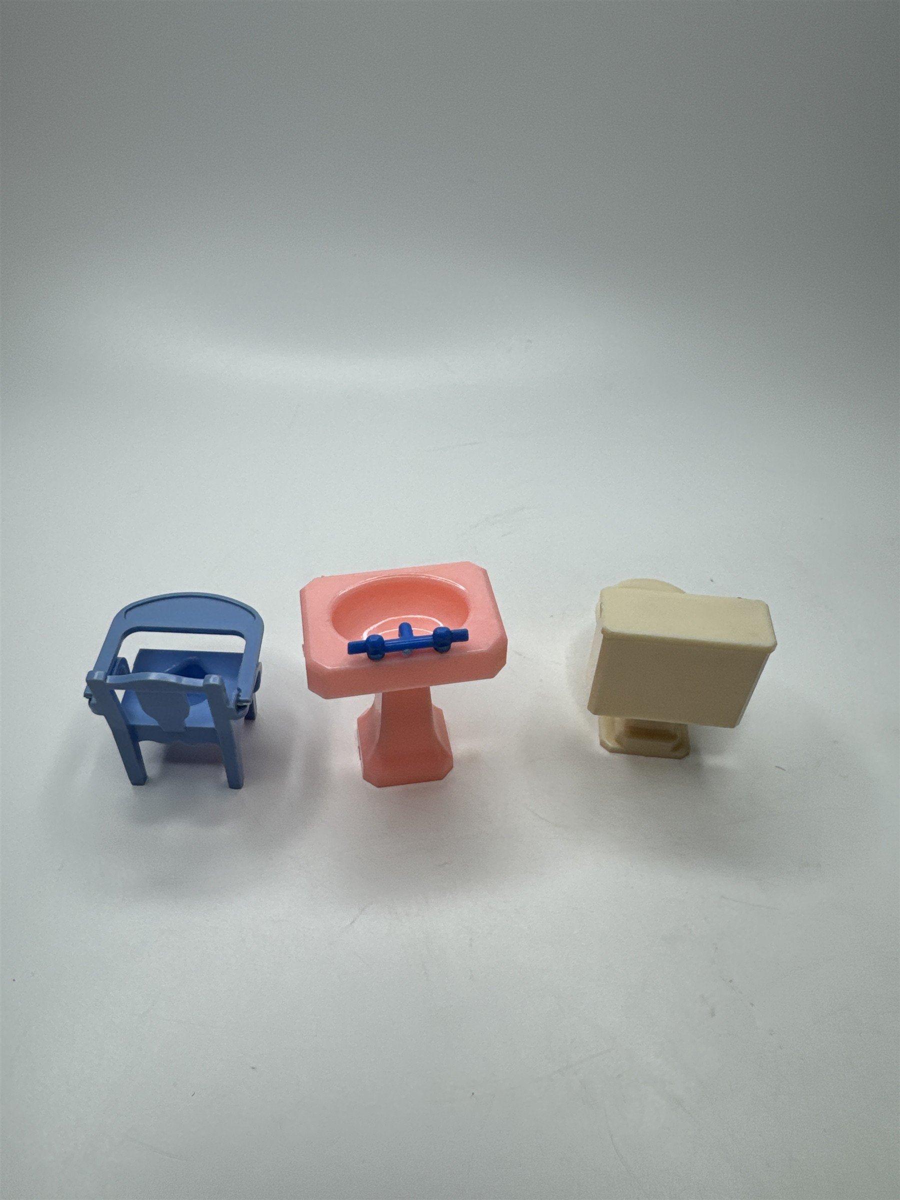 VINTAGE Dollhouse Bathroom Furniture Set - Blue Potty Desk Pink Sink White Toile