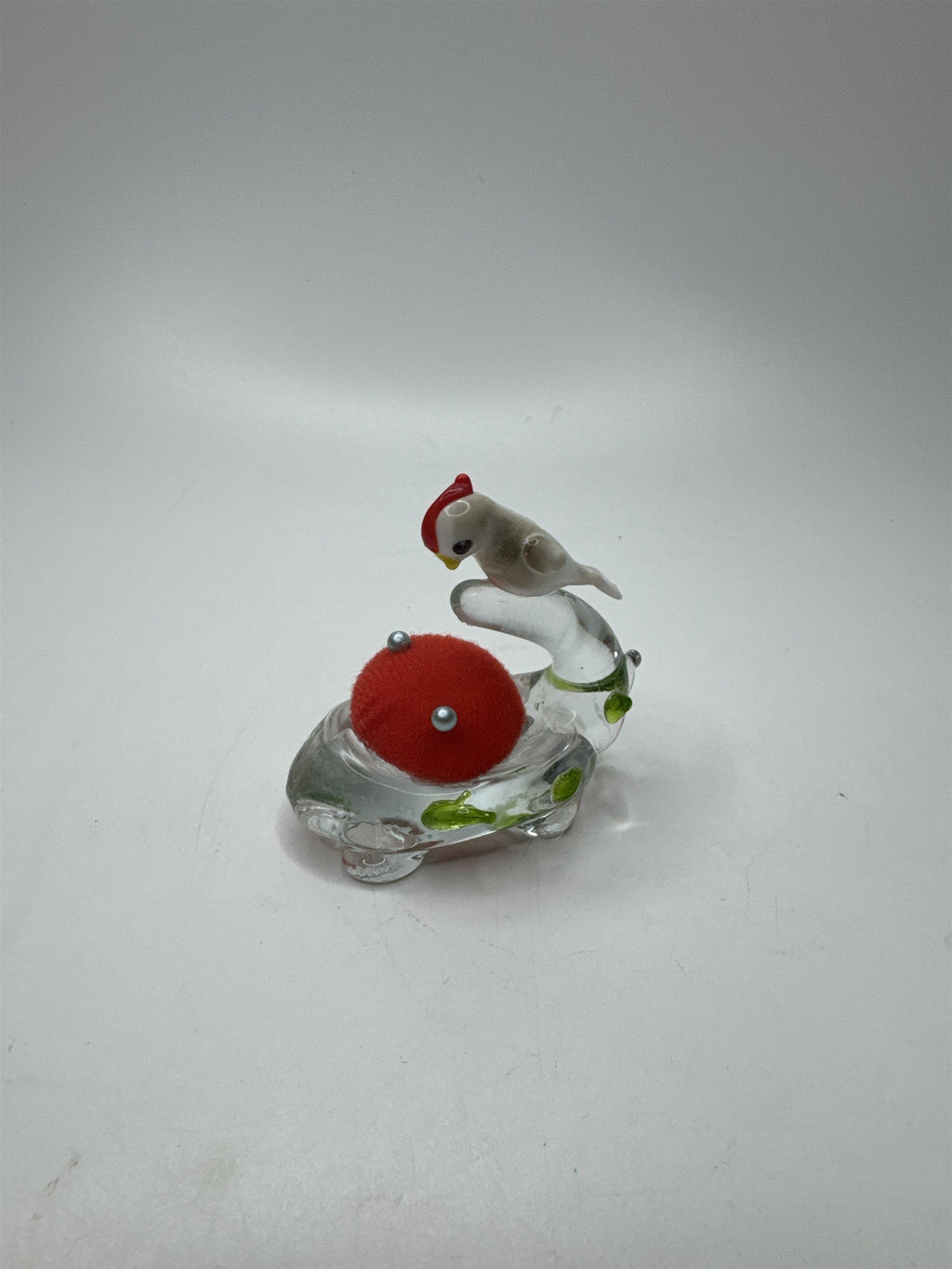 Vintage Hand Blown Miniature Glass Bird on a Branch Nest Pin/Needles Holder