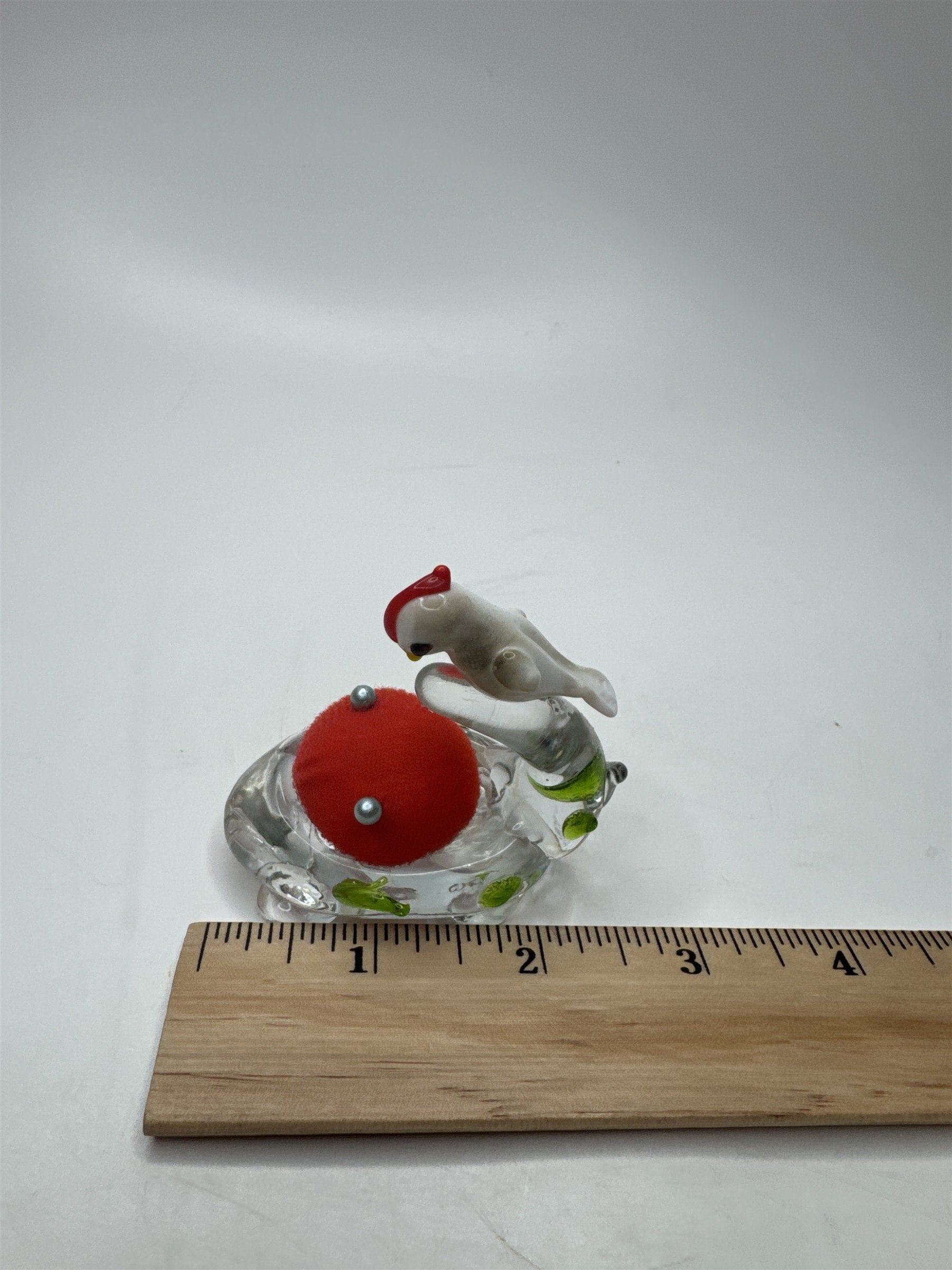 Vintage Hand Blown Miniature Glass Bird on a Branch Nest Pin/Needles Holder
