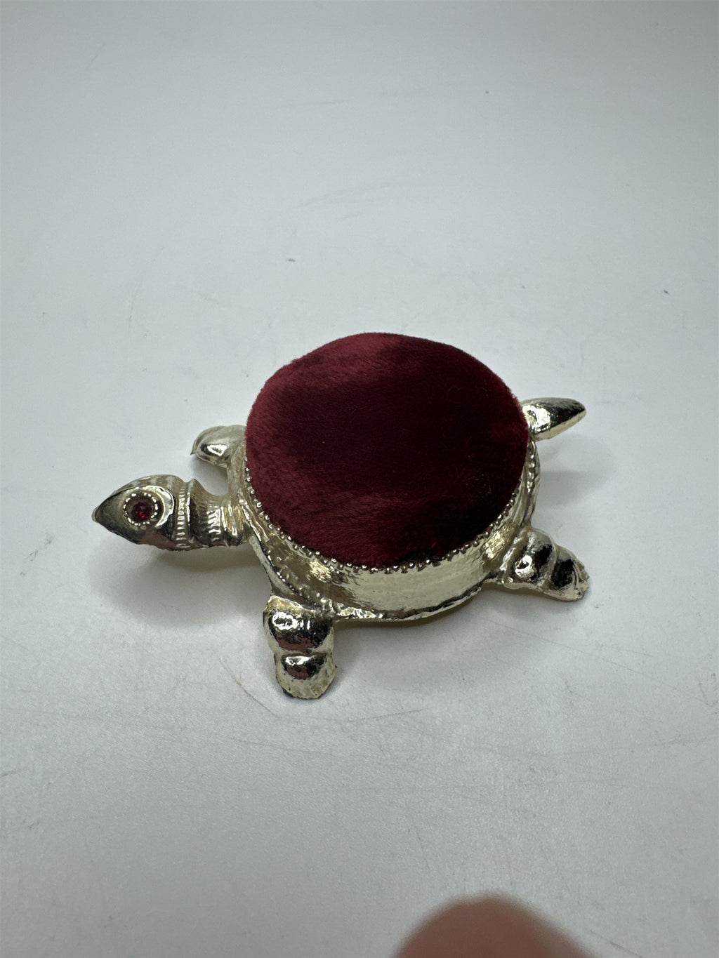 Vintage Gold Tone Turtle /w Red Velvet Pin Cushion and Ruby Red Rhinestone