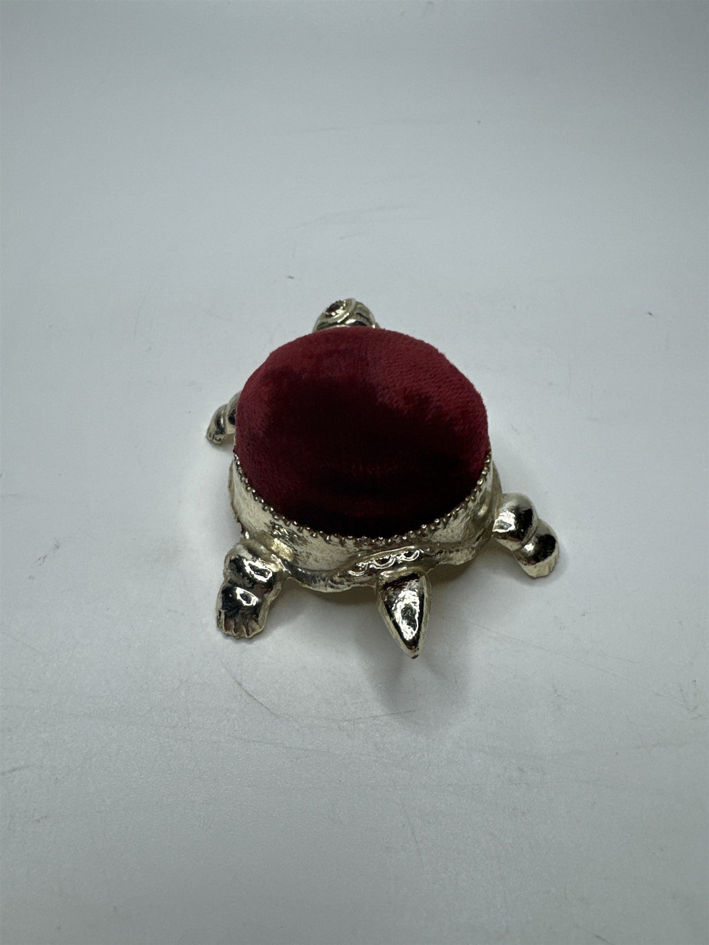 Vintage Gold Tone Turtle /w Red Velvet Pin Cushion and Ruby Red Rhinestone