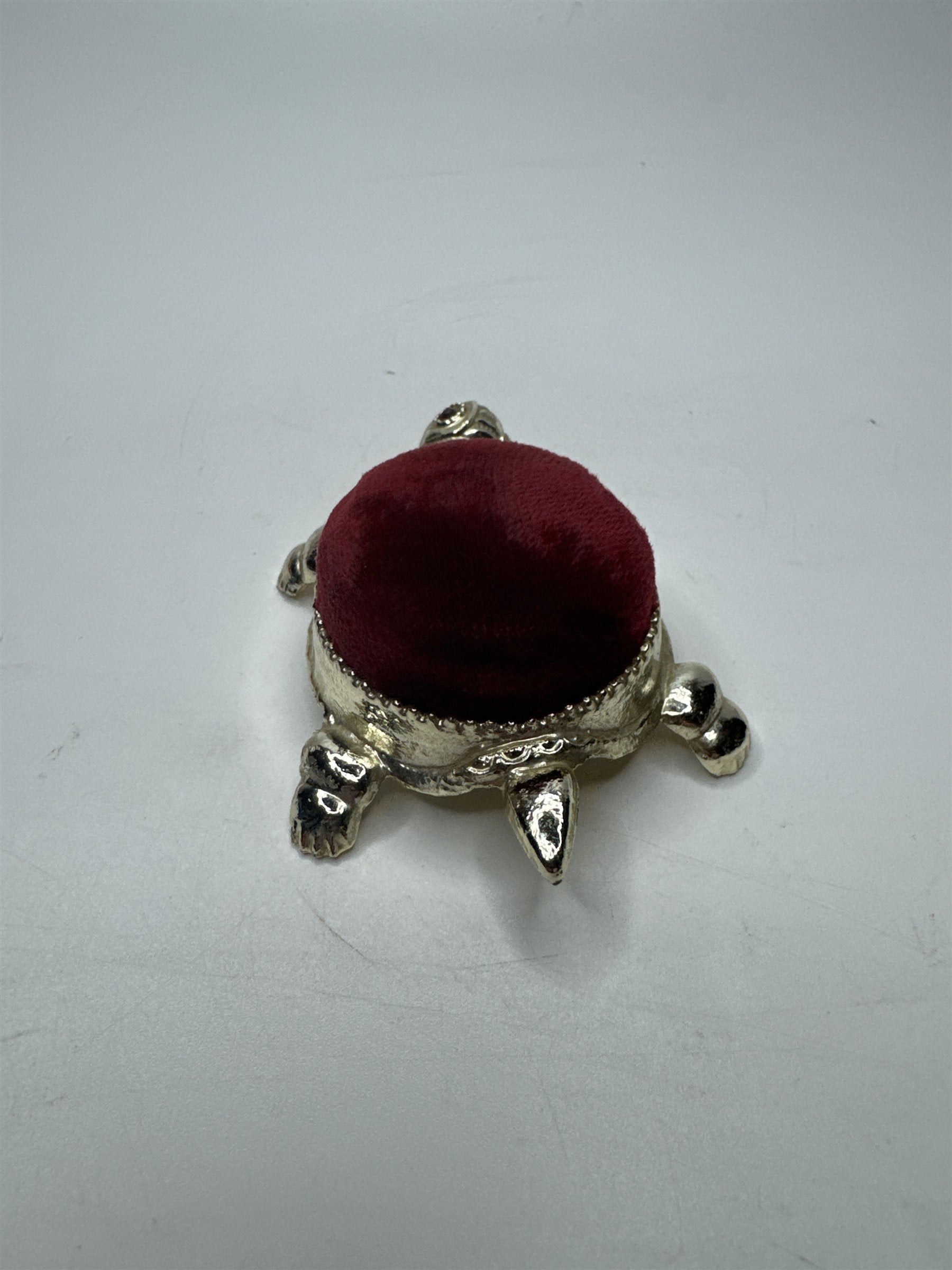 Vintage Gold Tone Turtle /w Red Velvet Pin Cushion and Ruby Red Rhinestone