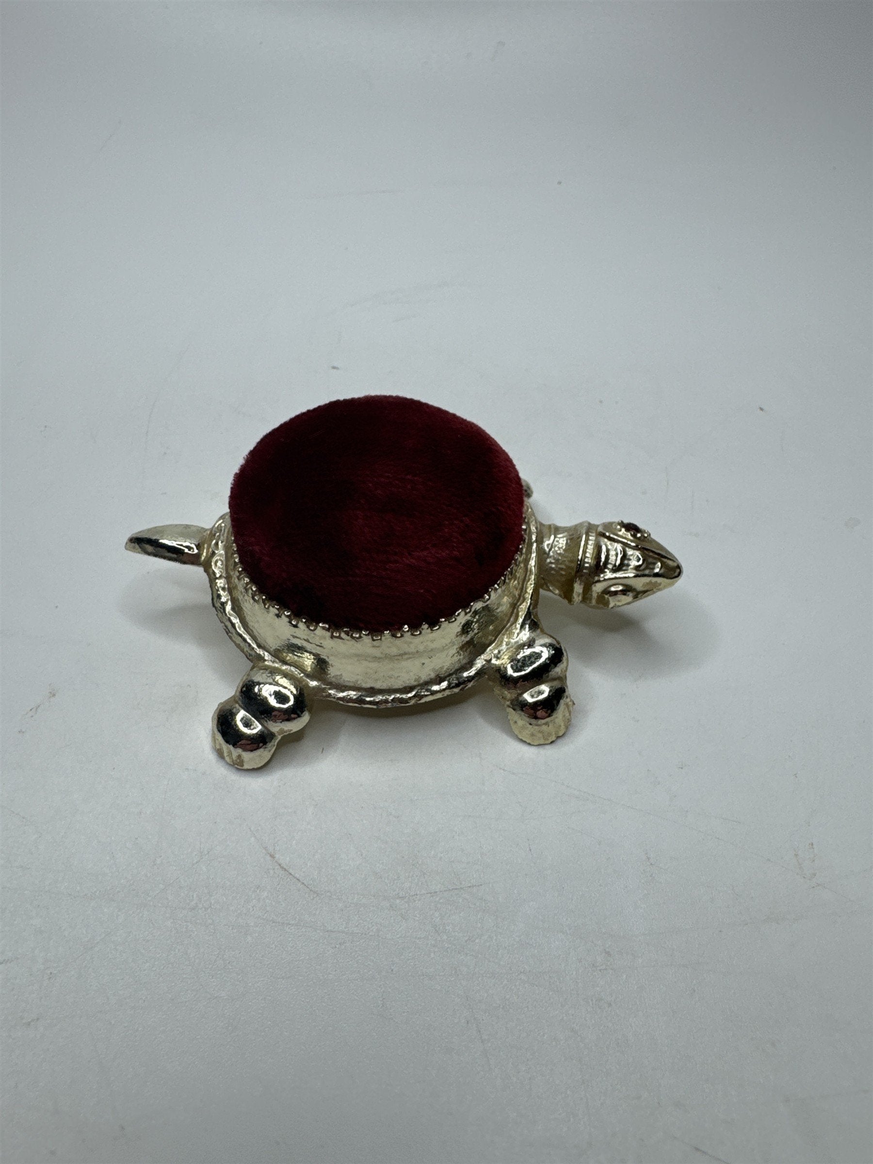 Vintage Gold Tone Turtle /w Red Velvet Pin Cushion and Ruby Red Rhinestone