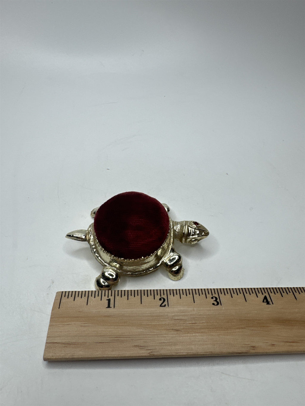 Vintage Gold Tone Turtle /w Red Velvet Pin Cushion and Ruby Red Rhinestone