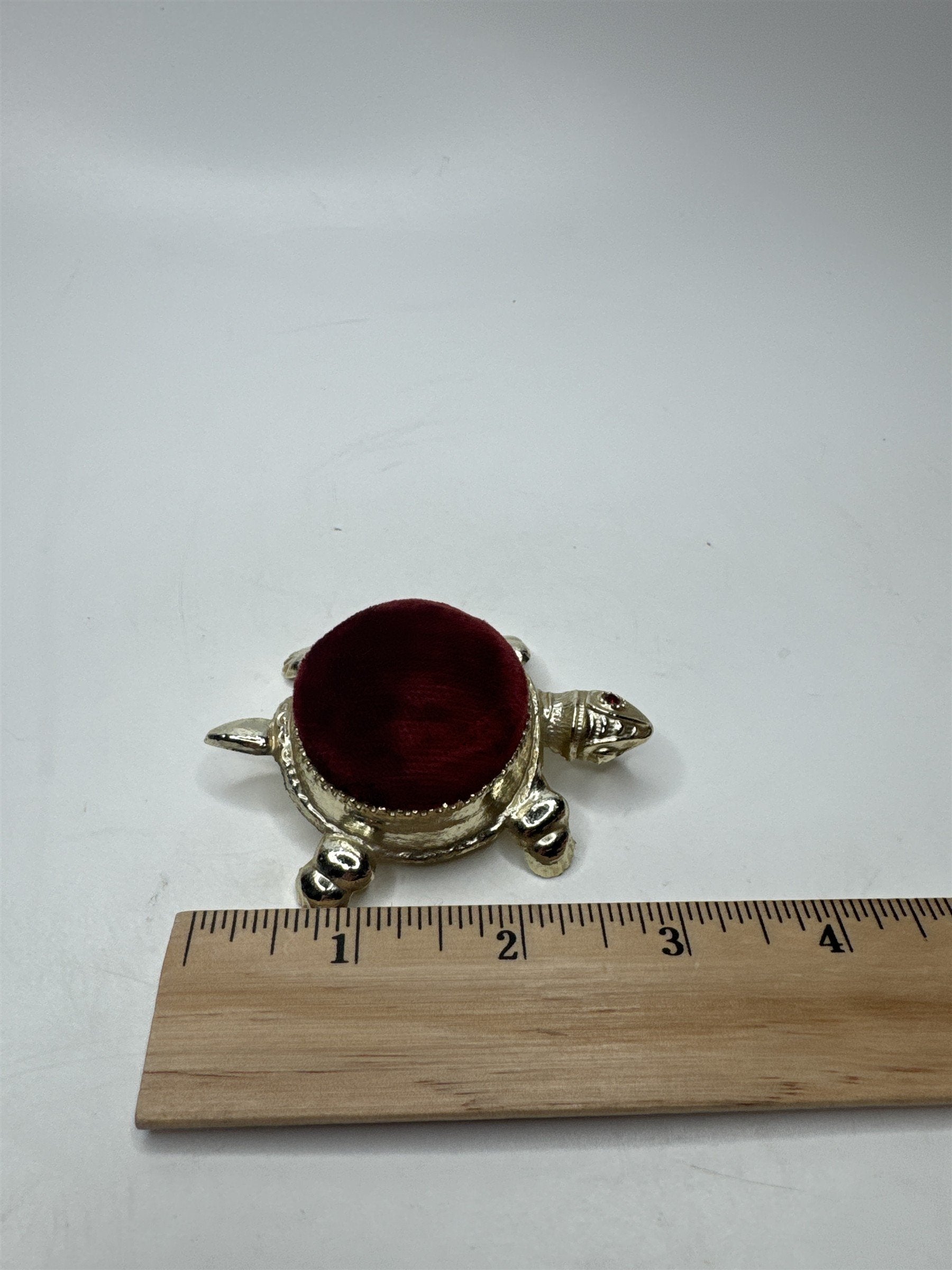 Vintage Gold Tone Turtle /w Red Velvet Pin Cushion and Ruby Red Rhinestone