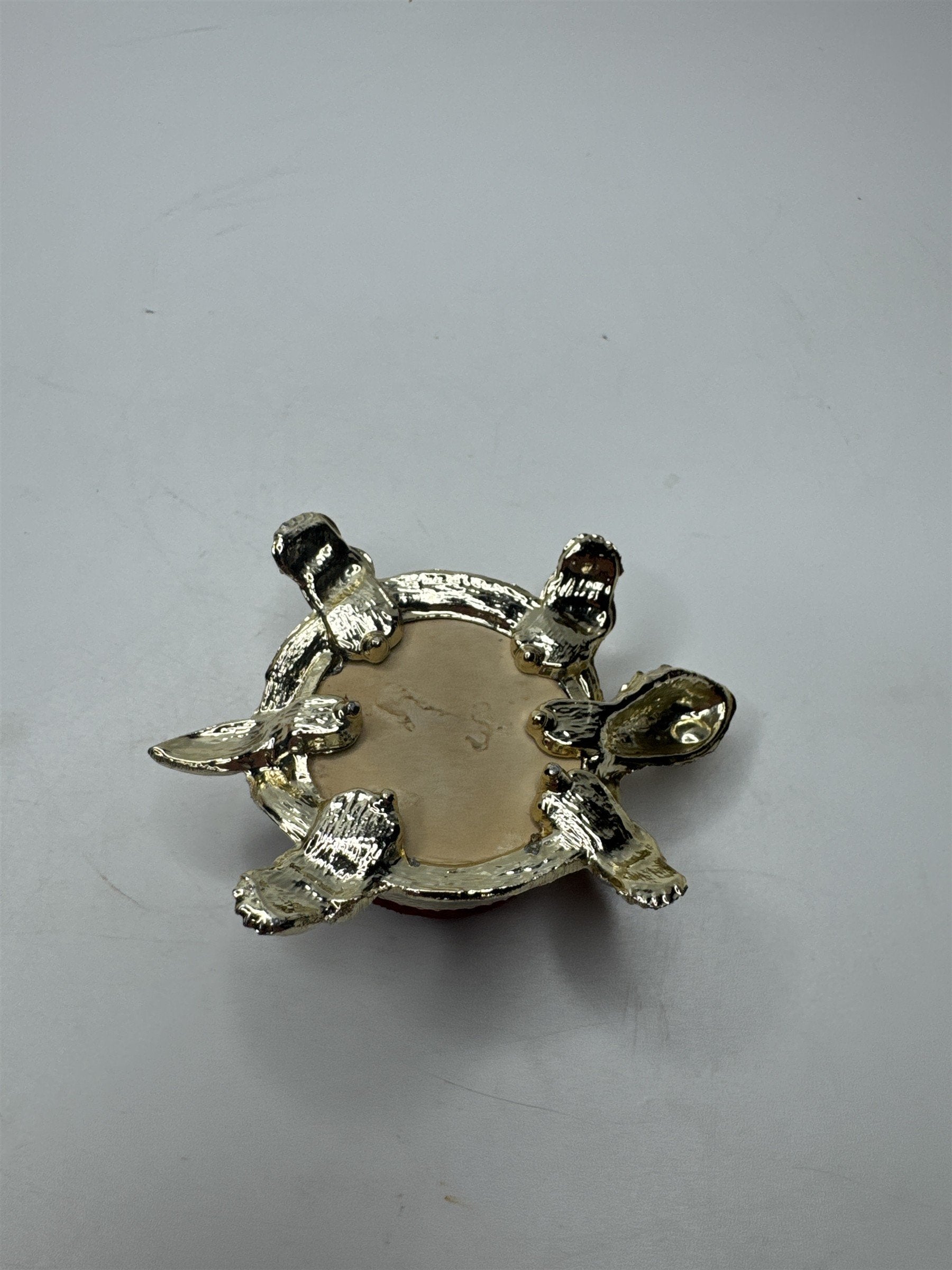 Vintage Gold Tone Turtle /w Red Velvet Pin Cushion and Ruby Red Rhinestone