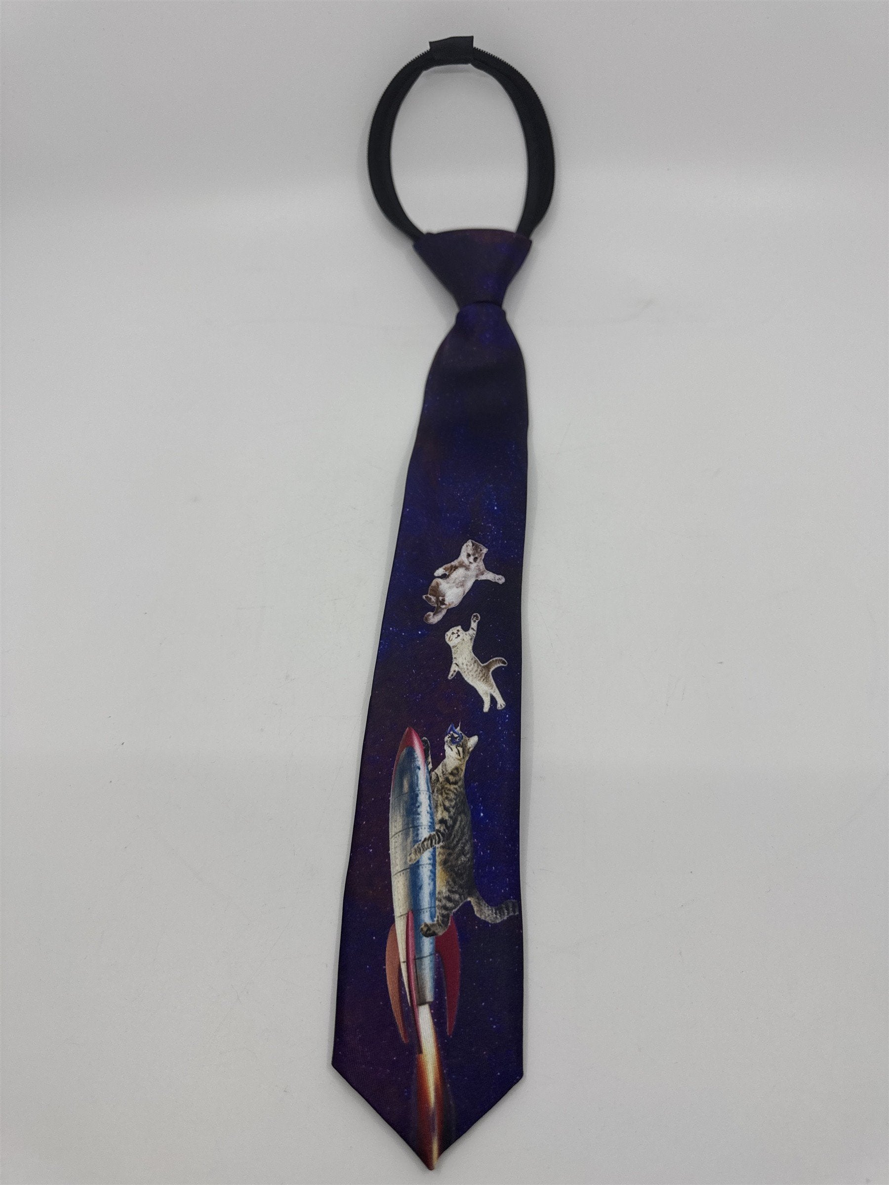Purple Cosmic/Galaxy Zip Up Business Tie With Cats and Rocket