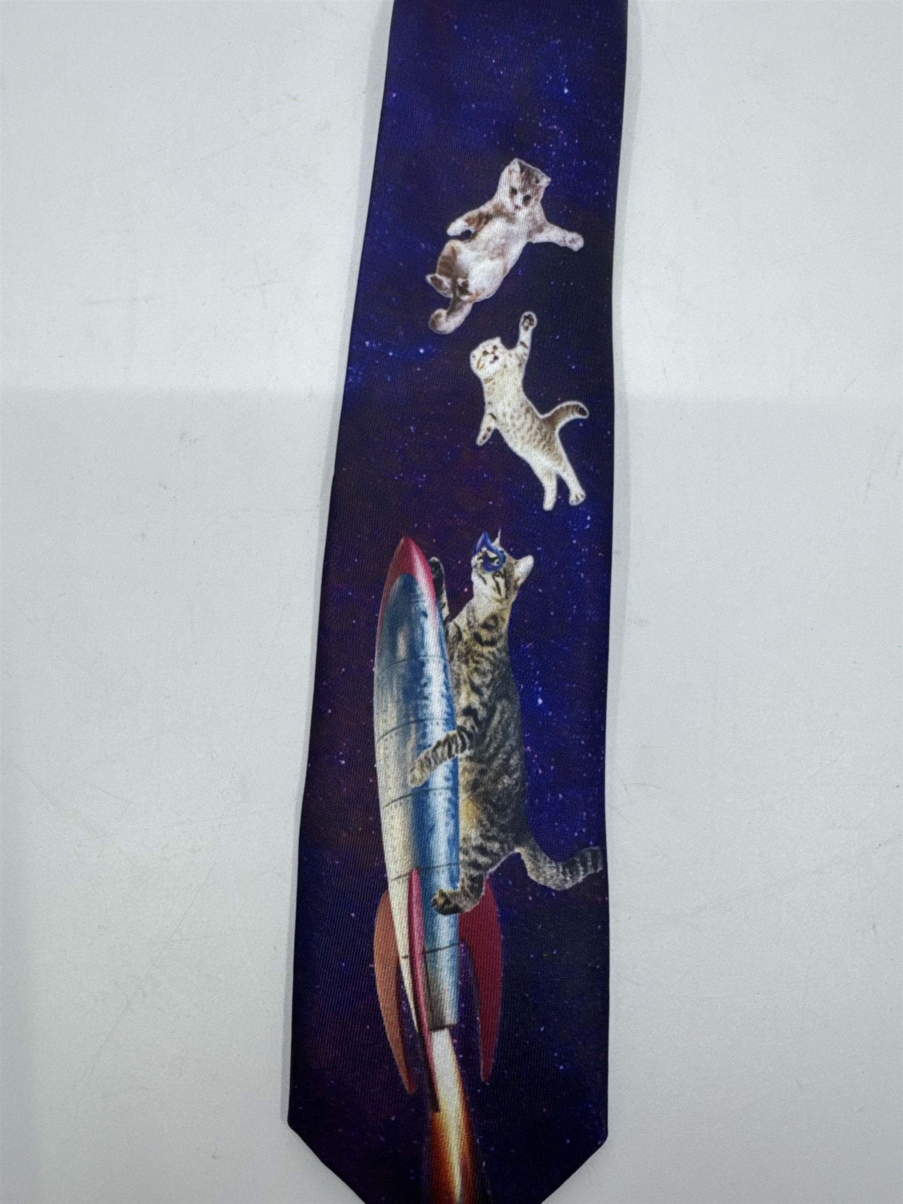 Purple Cosmic/Galaxy Zip Up Business Tie With Cats and Rocket