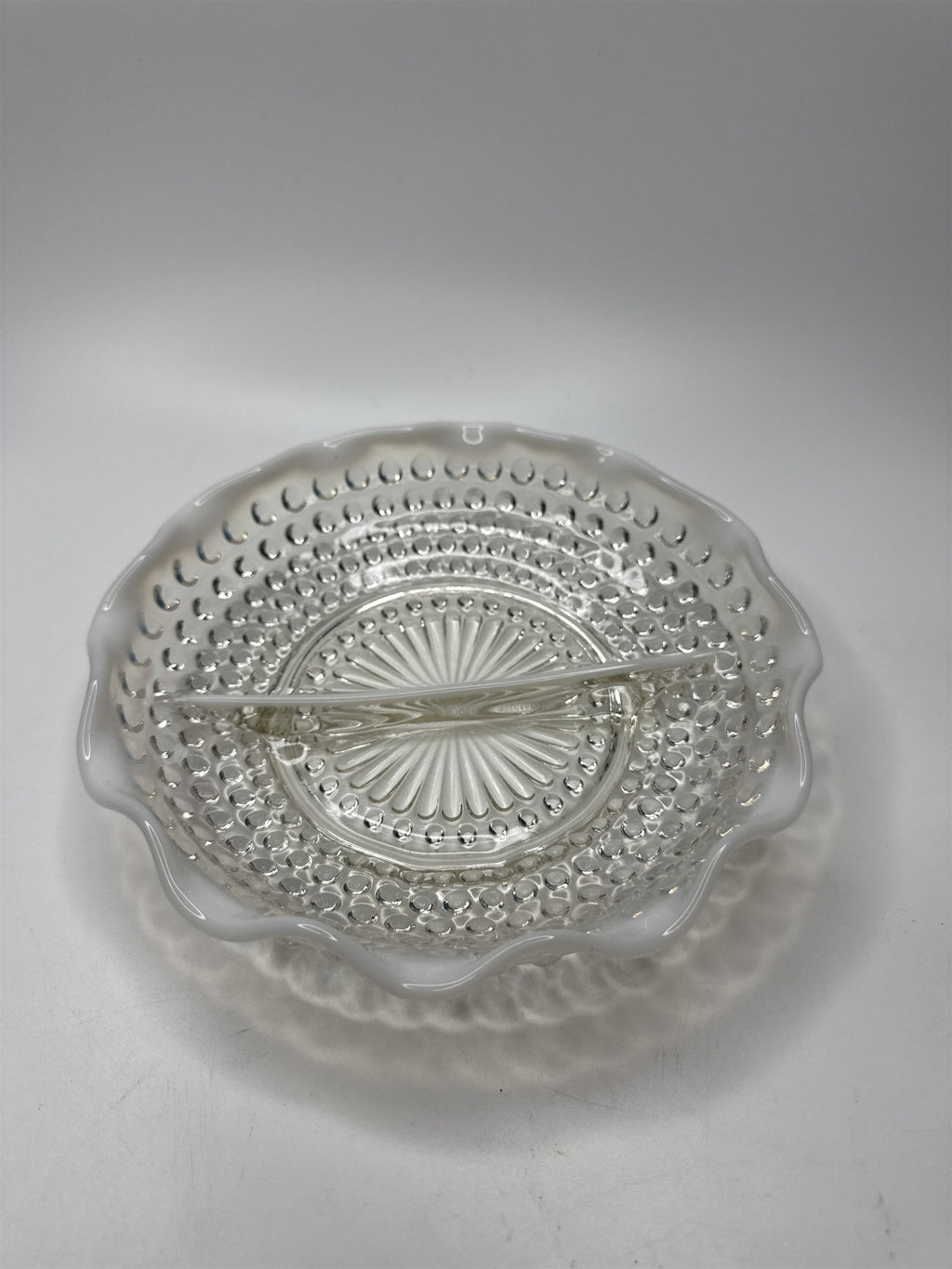 Vintage Fenton Hobnail Opalescent Moonstone Milk Glass 7-1/2" Diameter Ruffled