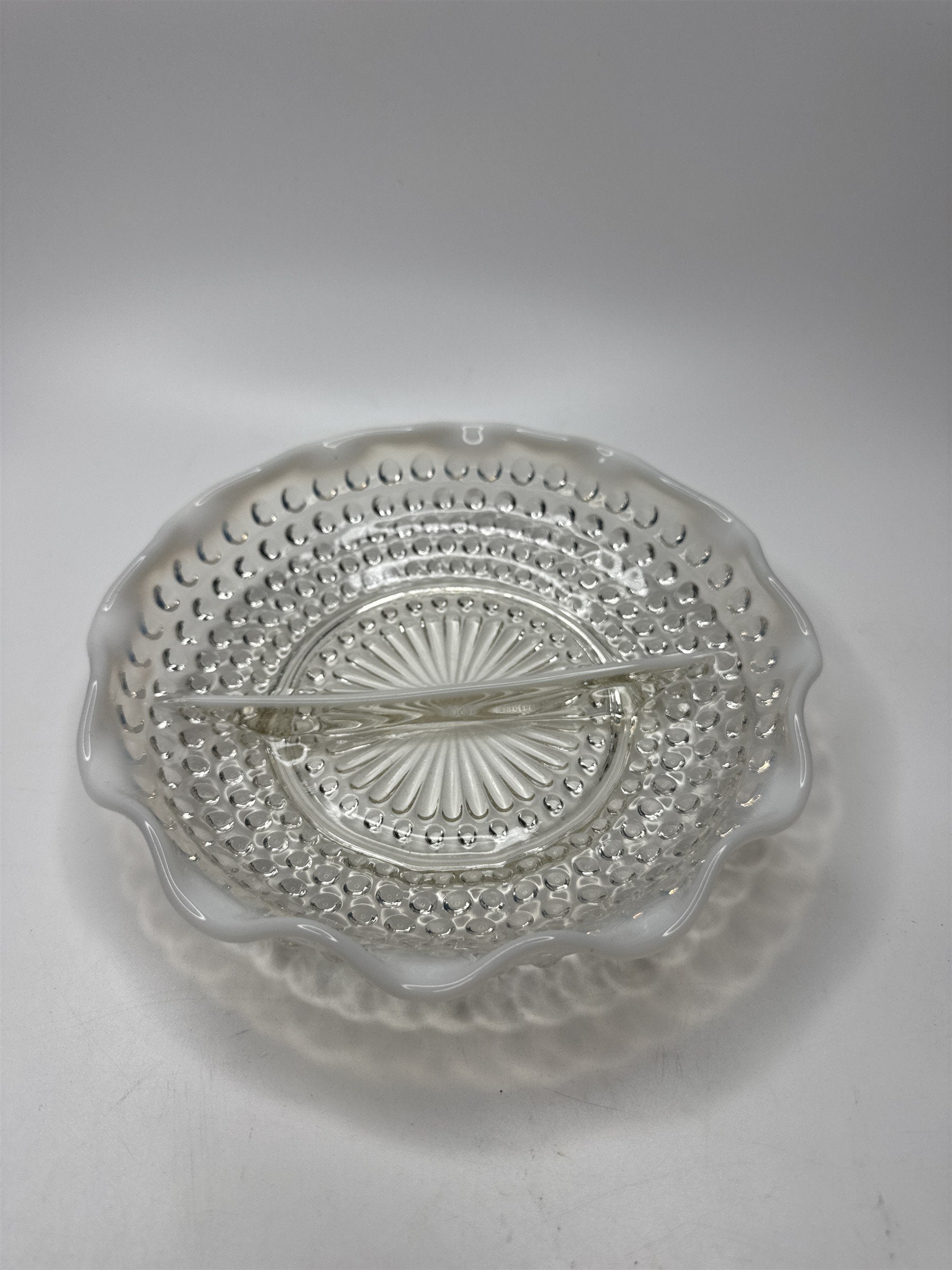 Vintage Fenton Hobnail Opalescent Moonstone Milk Glass 7-1/2" Diameter Ruffled