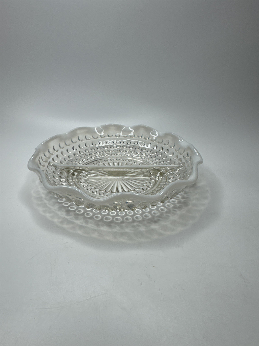 Vintage Fenton Hobnail Opalescent Moonstone Milk Glass 7-1/2" Diameter Ruffled