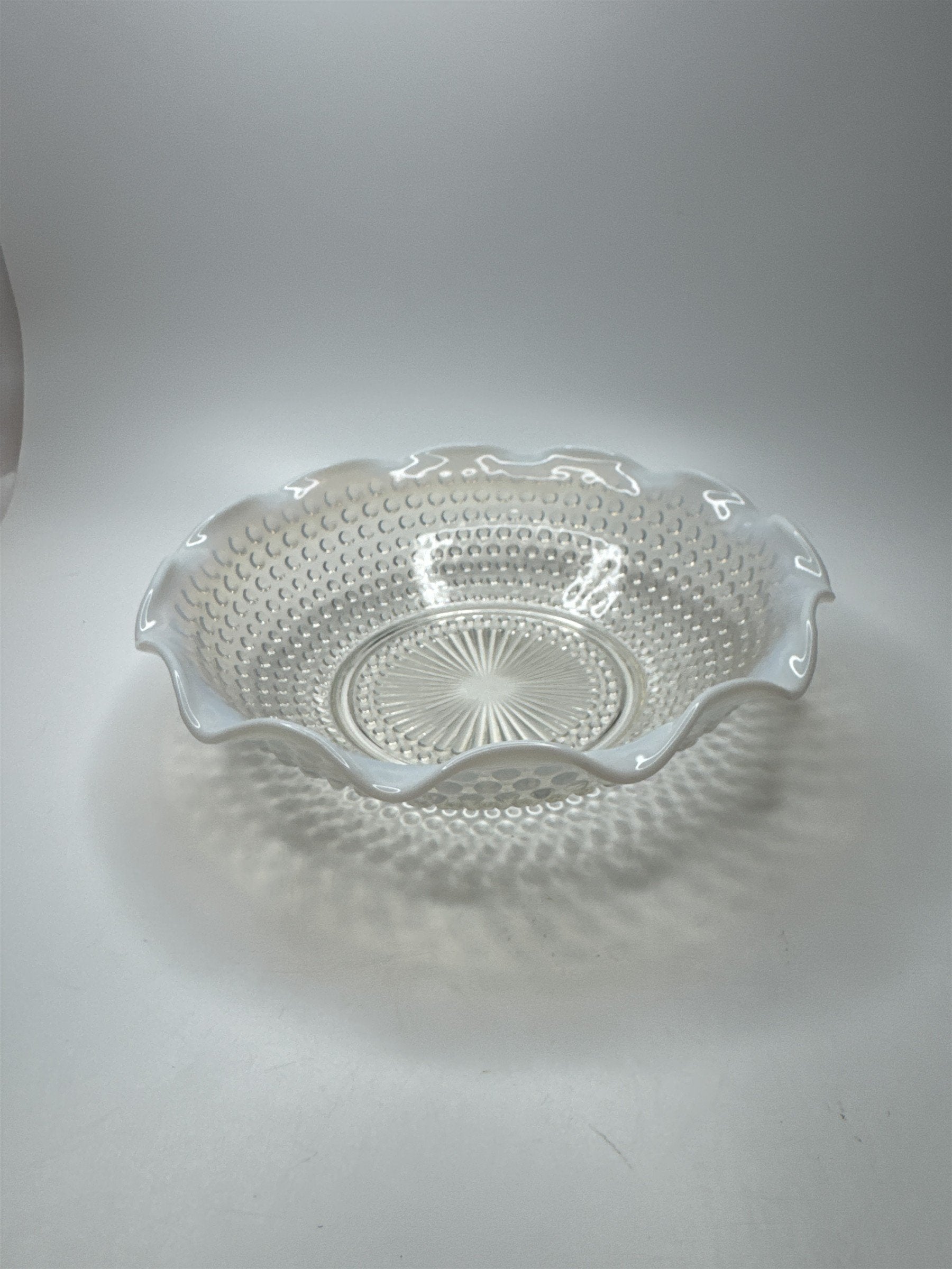 Vintage Fenton Hobnail Opalescent Moonstone Milk Glass 9-1/2" Diameter Ruffled