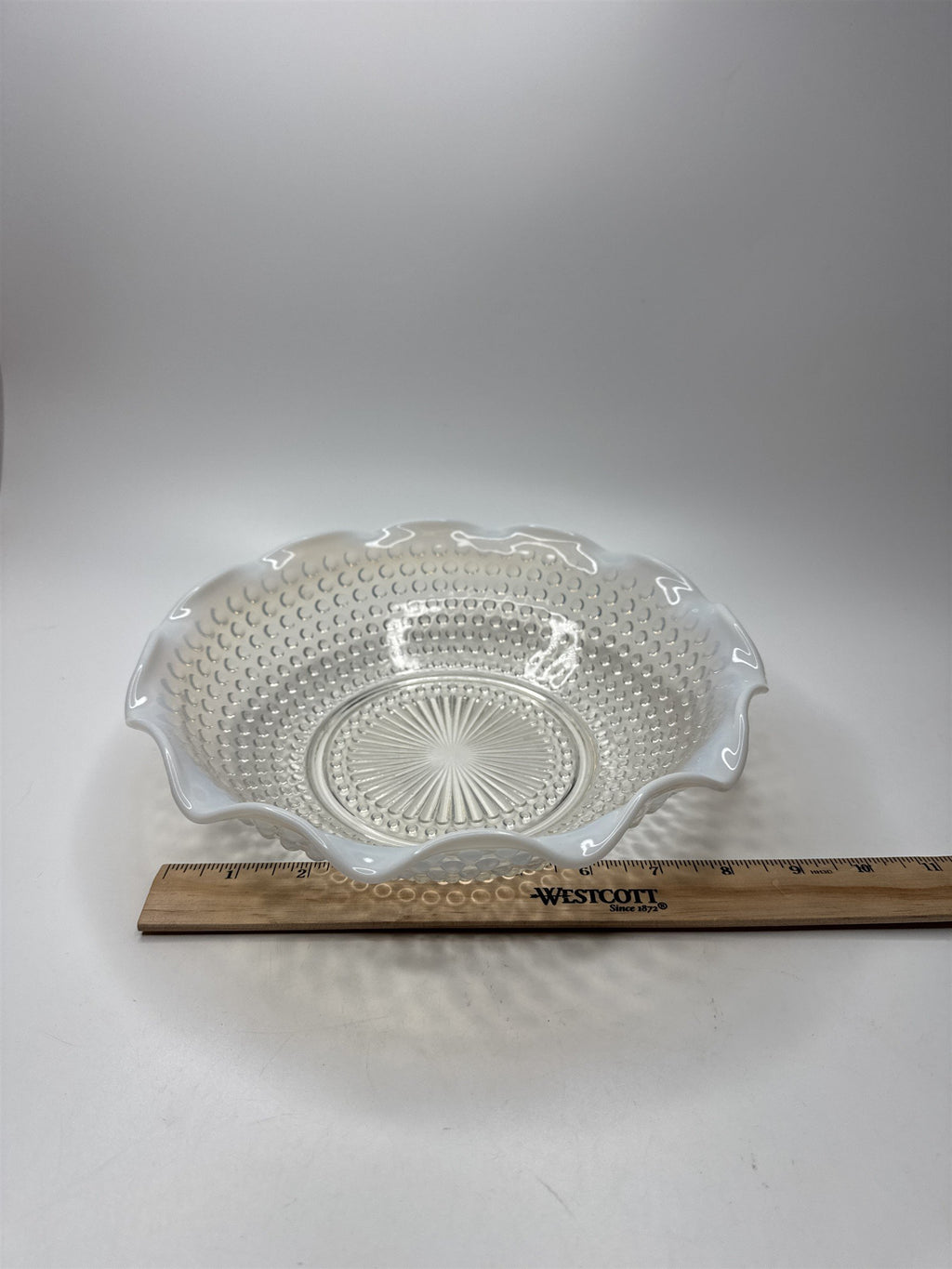 Vintage Fenton Hobnail Opalescent Moonstone Milk Glass 9-1/2" Diameter Ruffled
