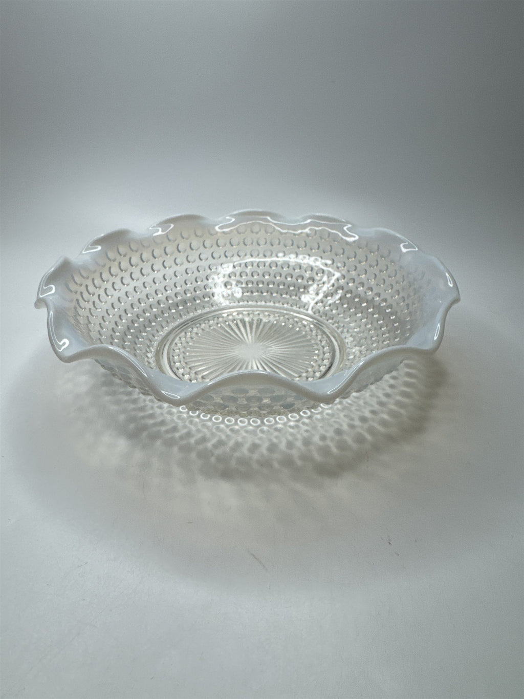 Vintage Fenton Hobnail Opalescent Moonstone Milk Glass 9-1/2" Diameter Ruffled