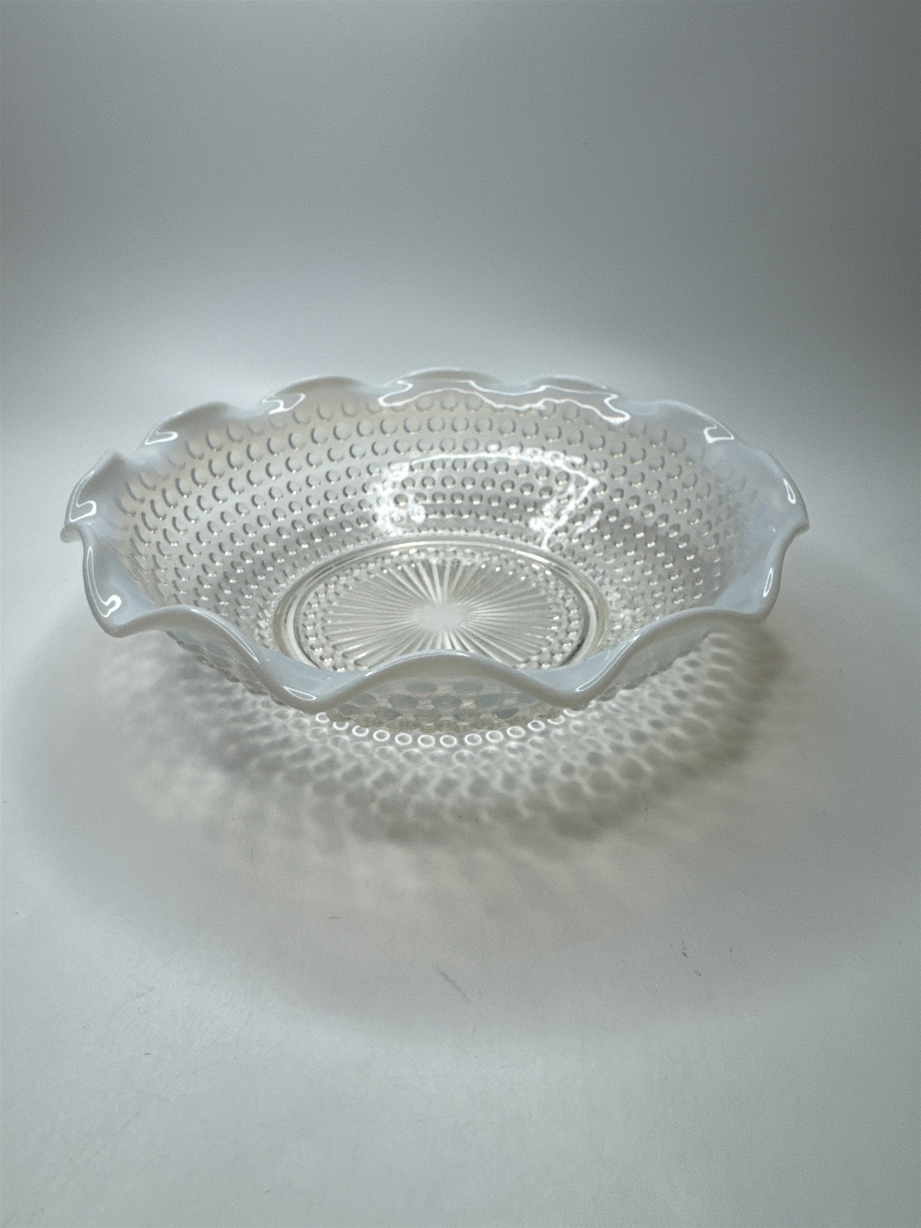 Vintage Fenton Hobnail Opalescent Moonstone Milk Glass 9-1/2" Diameter Ruffled