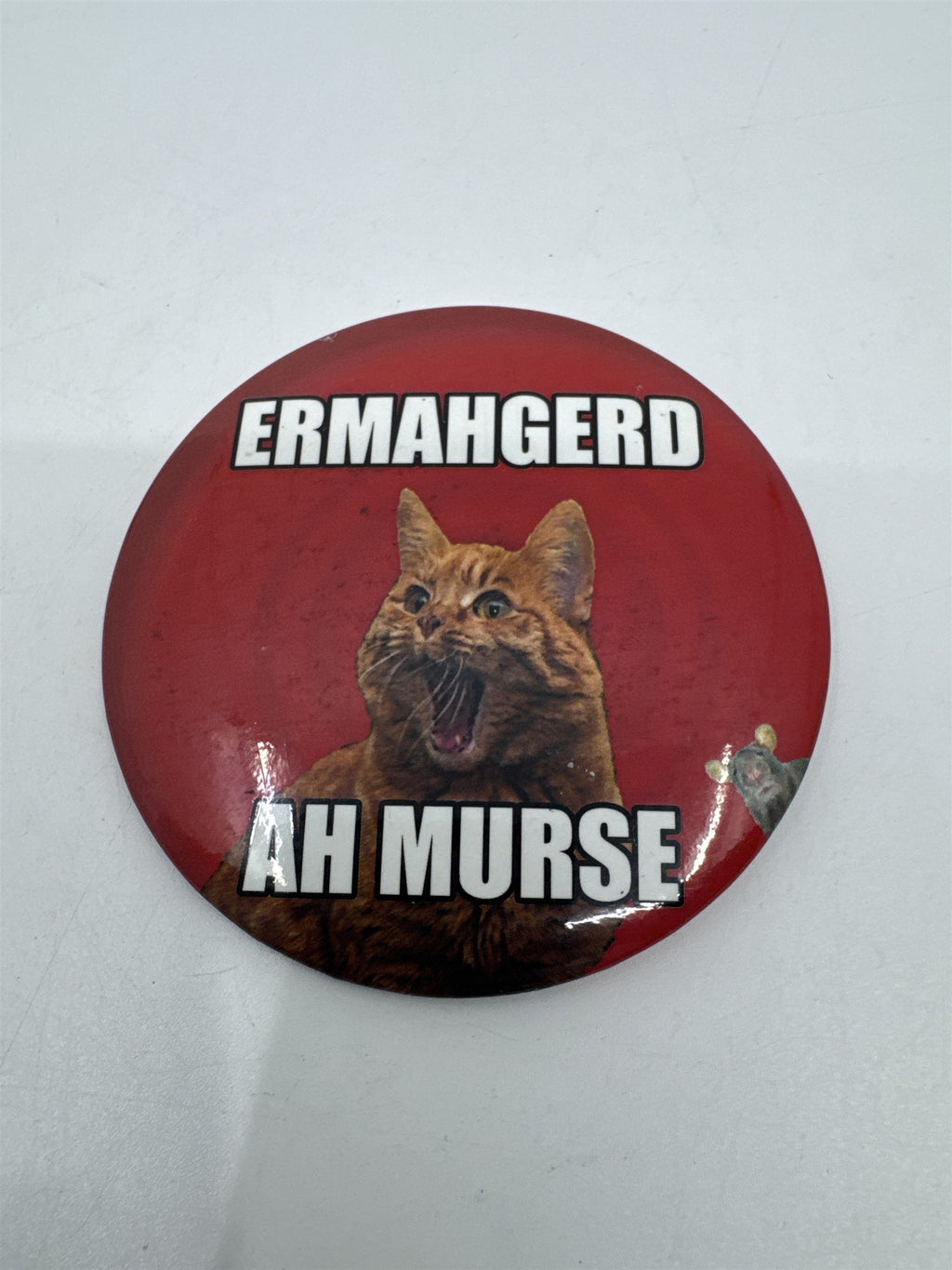 Ermahgerd Ah Murse Red Pin with Orange Cat and Small Mouse Cat Lover Gift