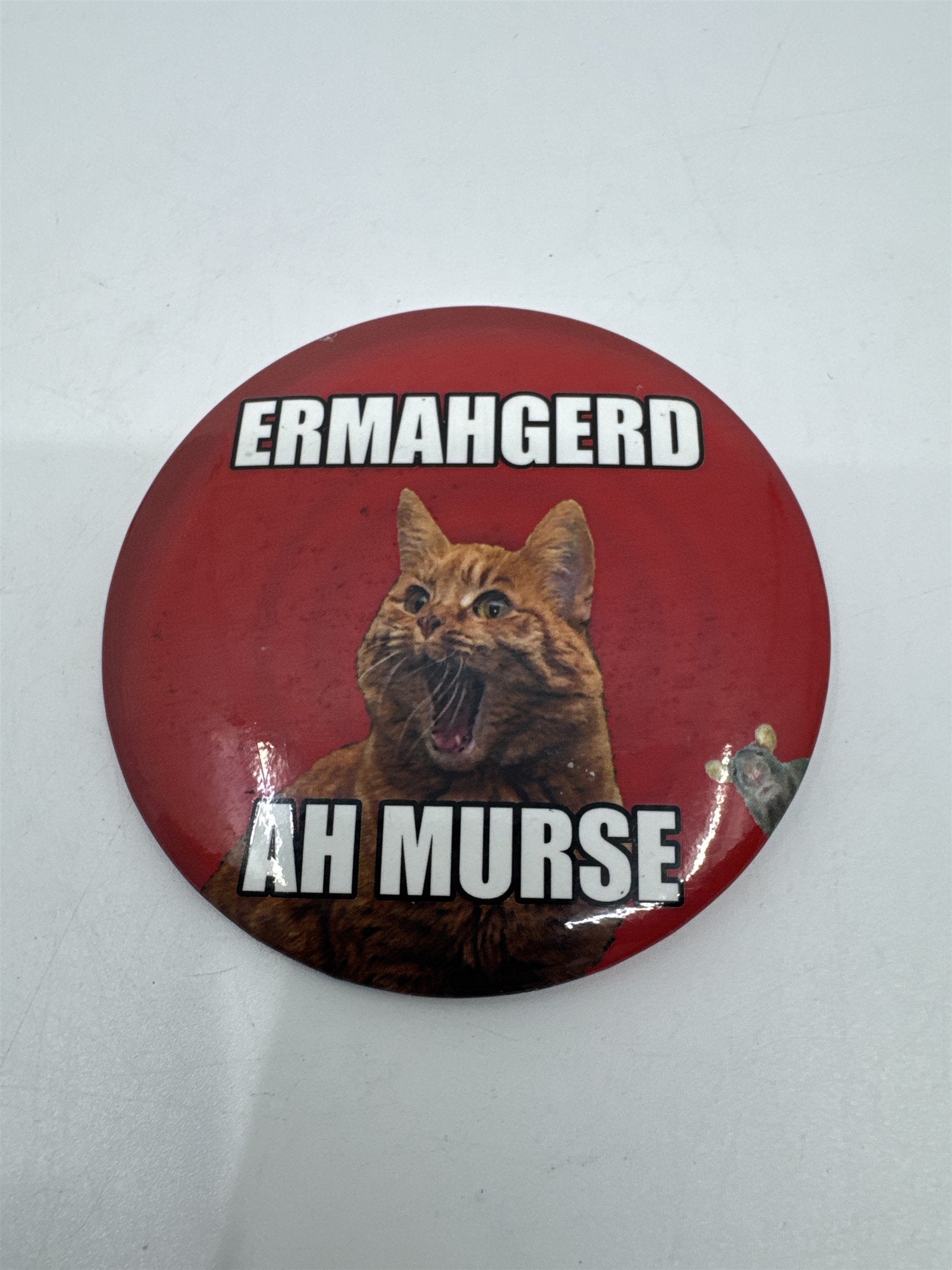 Ermahgerd Ah Murse Red Pin with Orange Cat and Small Mouse Cat Lover Gift
