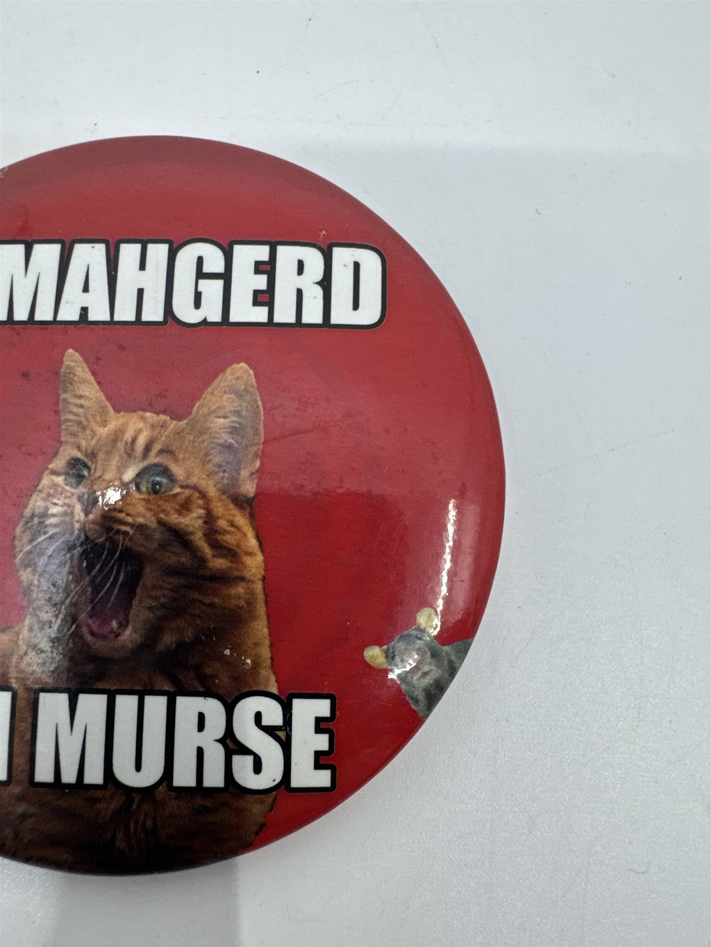 Ermahgerd Ah Murse Red Pin with Orange Cat and Small Mouse Cat Lover Gift