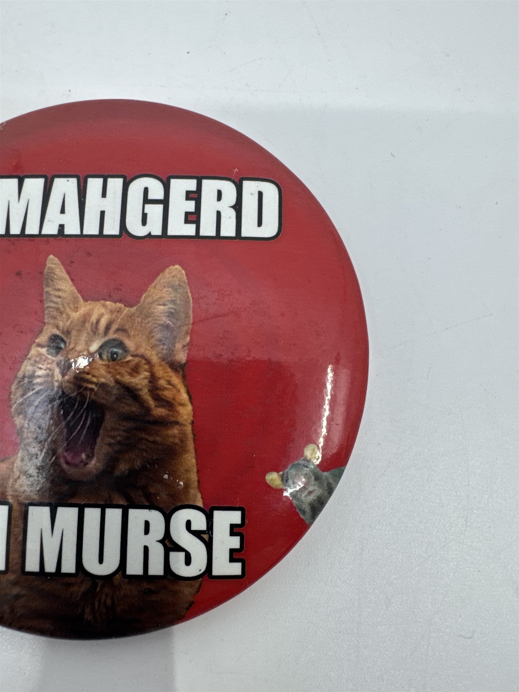 Ermahgerd Ah Murse Red Pin with Orange Cat and Small Mouse Cat Lover Gift