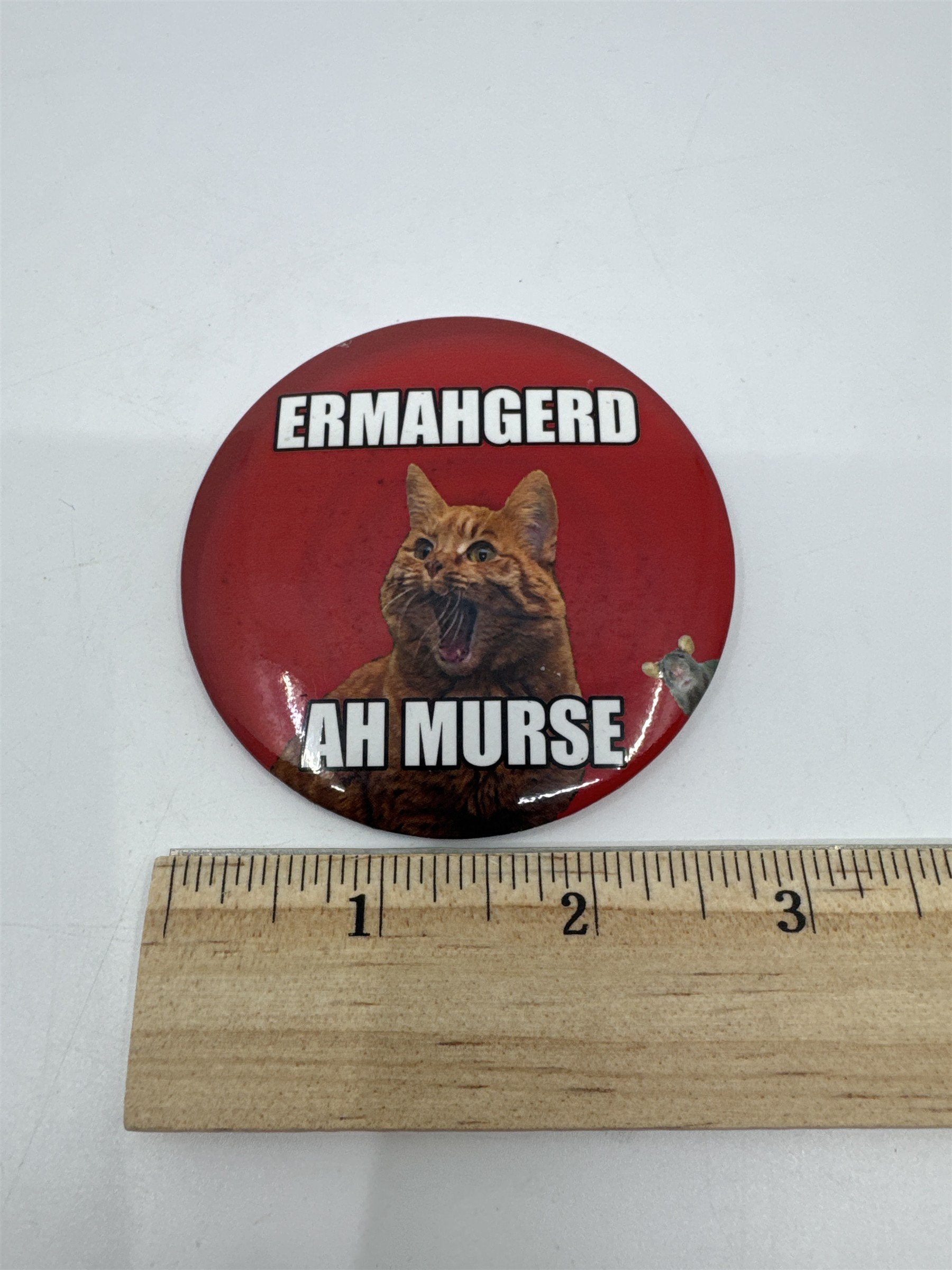 Ermahgerd Ah Murse Red Pin with Orange Cat and Small Mouse Cat Lover Gift