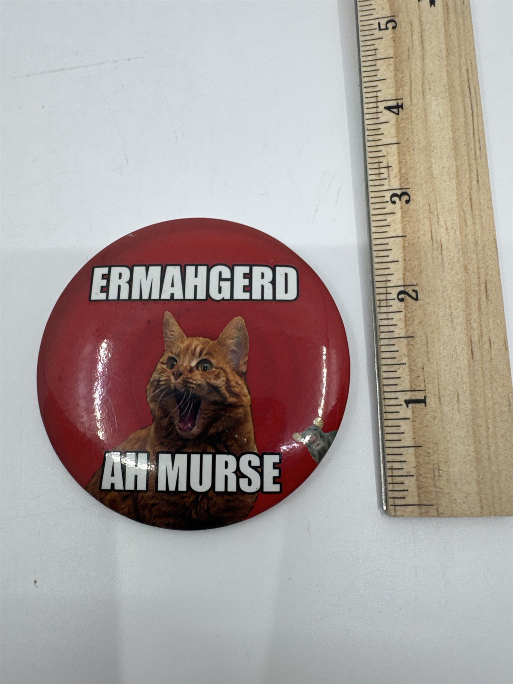 Ermahgerd Ah Murse Red Pin with Orange Cat and Small Mouse Cat Lover Gift